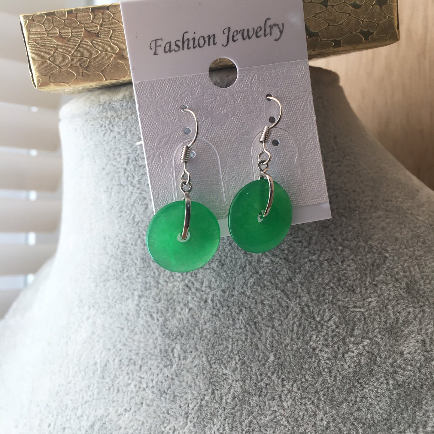 White Gold Plated Green Circle Donut Jade dangle earrings