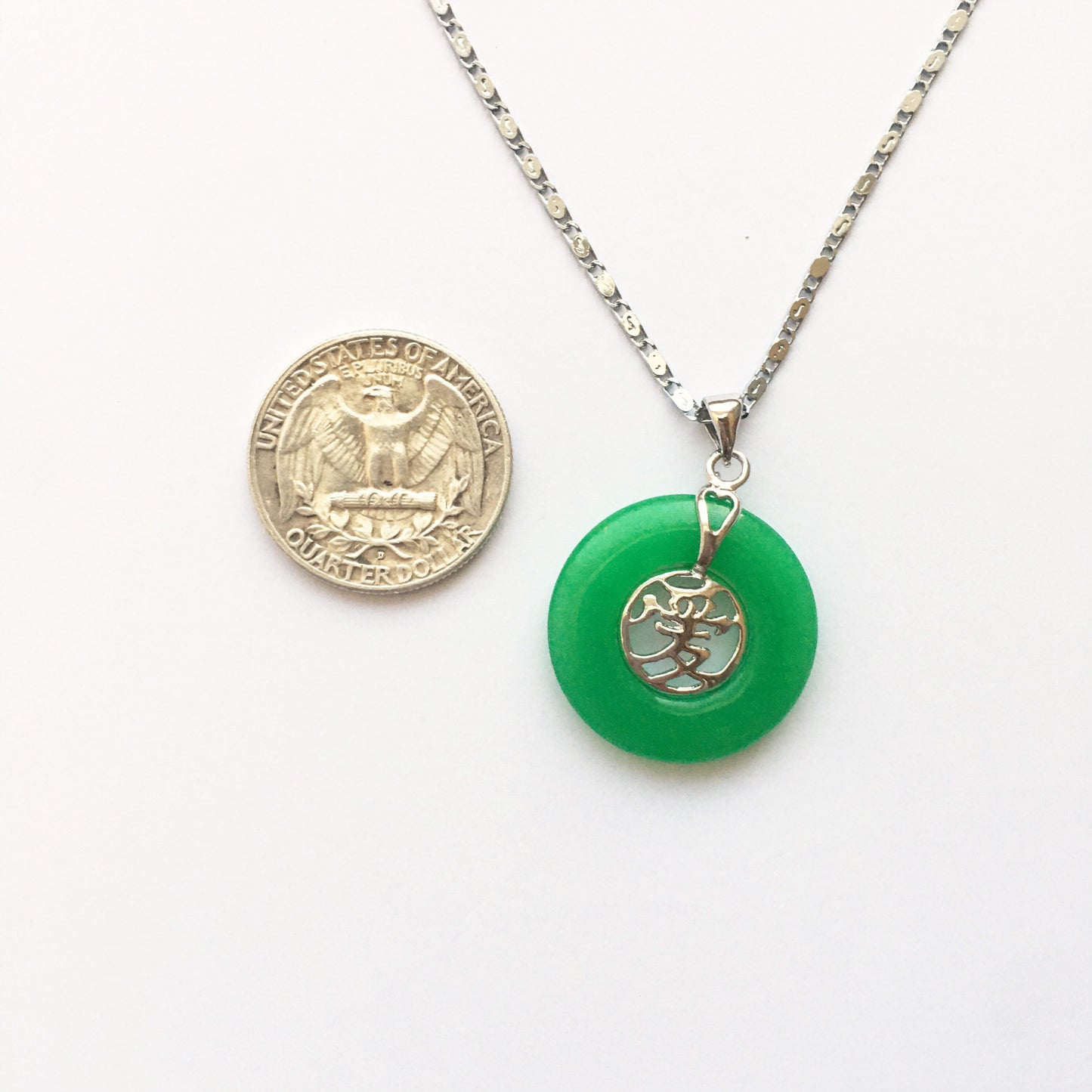 Love green jade coin circle pendant necklace (large)