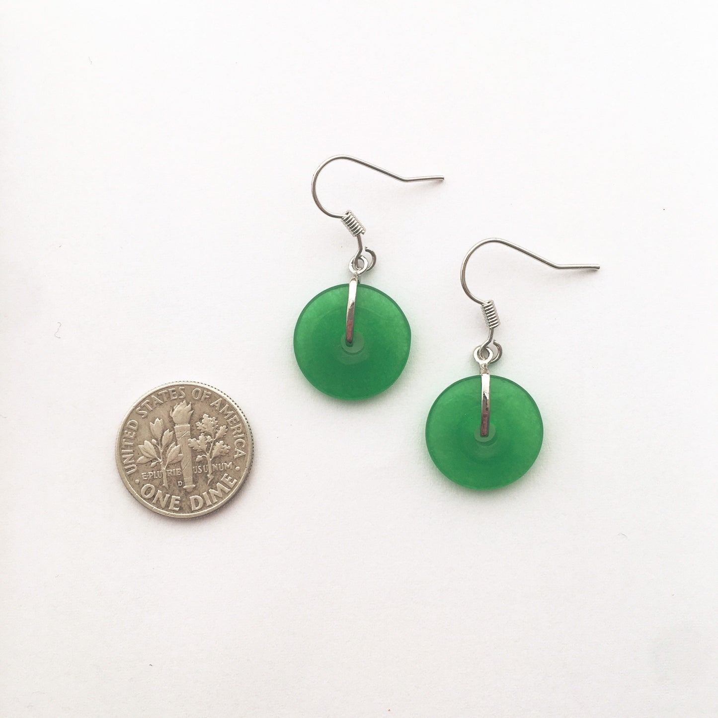 White Gold Plated Green Circle Donut Jade dangle earrings