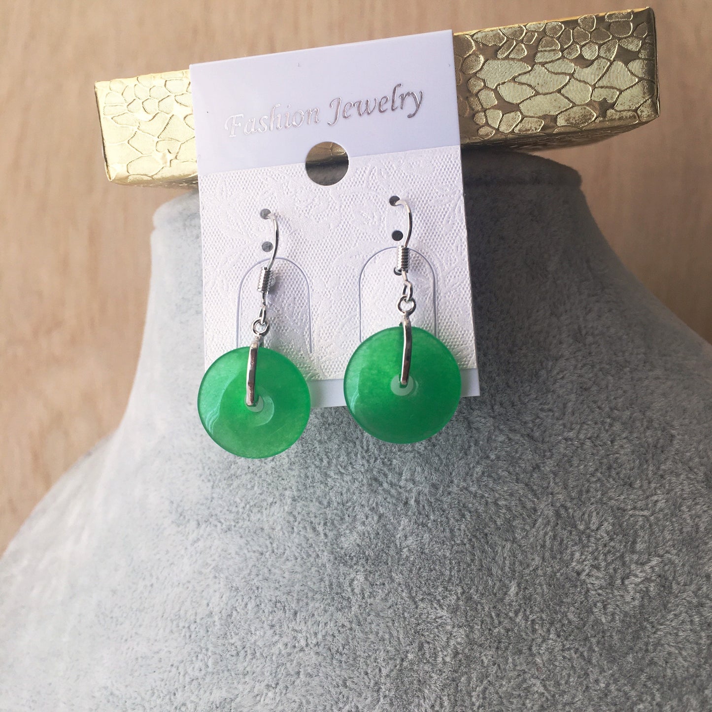 White Gold Plated Green Circle Donut Jade dangle earrings