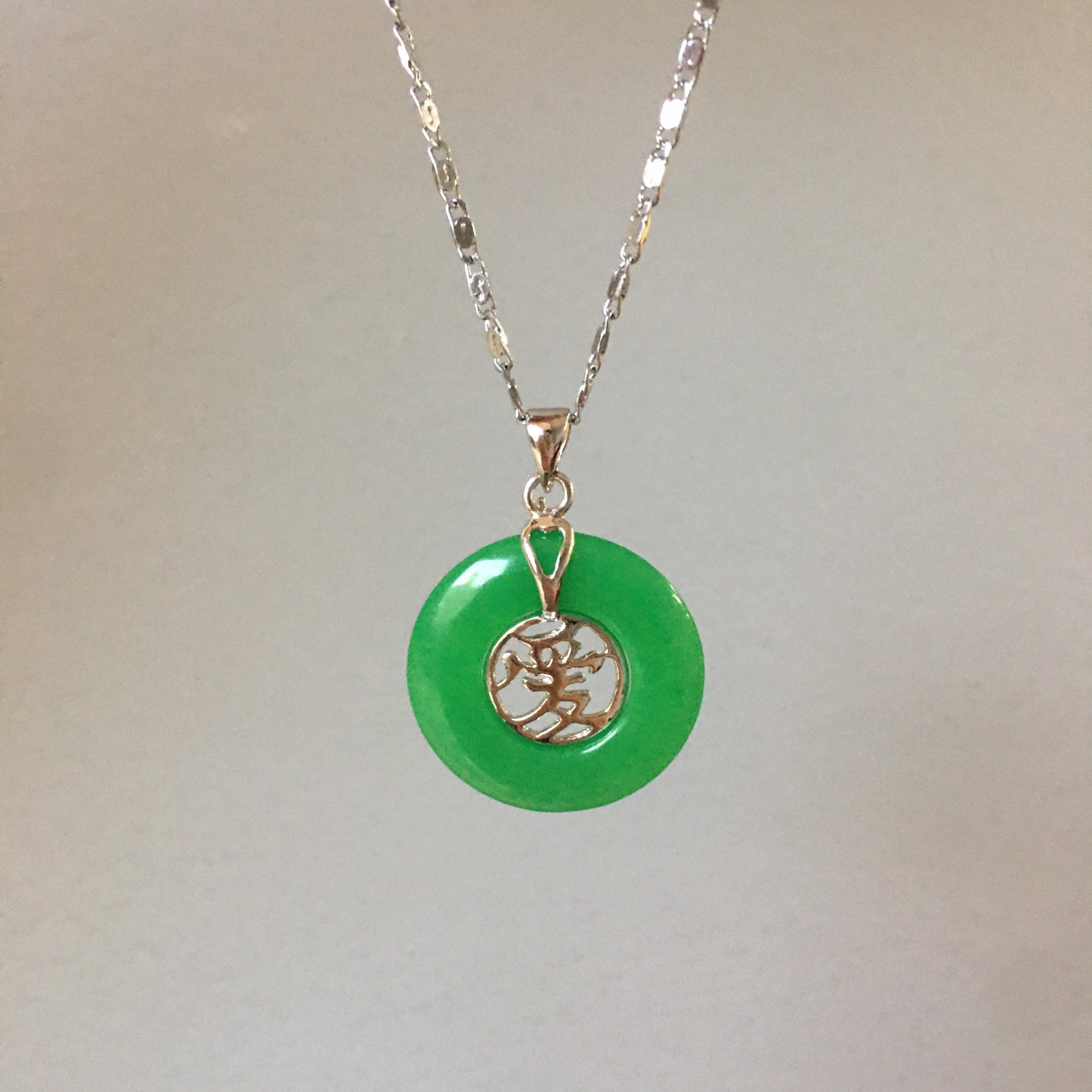 Love green jade coin circle pendant necklace (large)