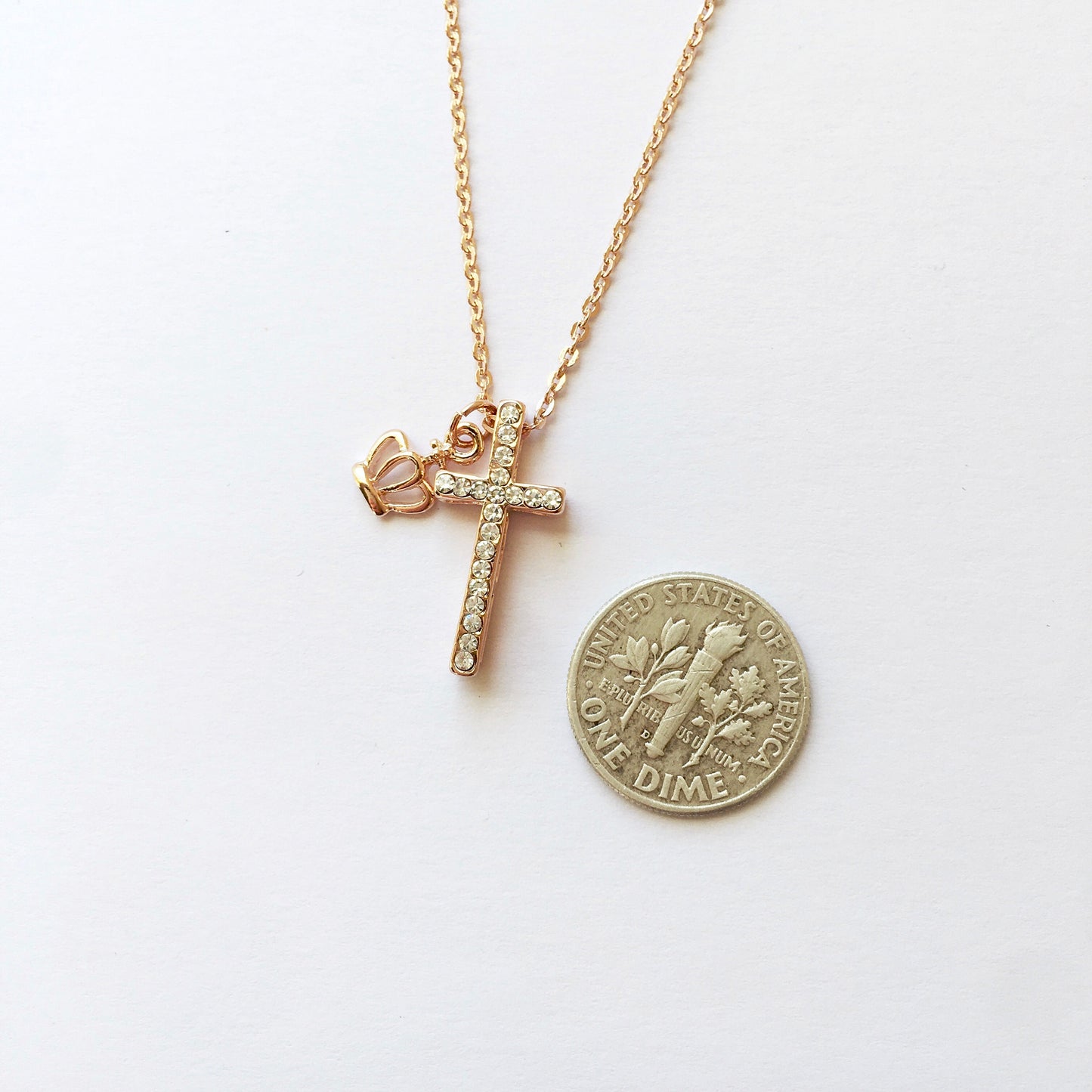 Shiny cross, crown rose gold tone necklace