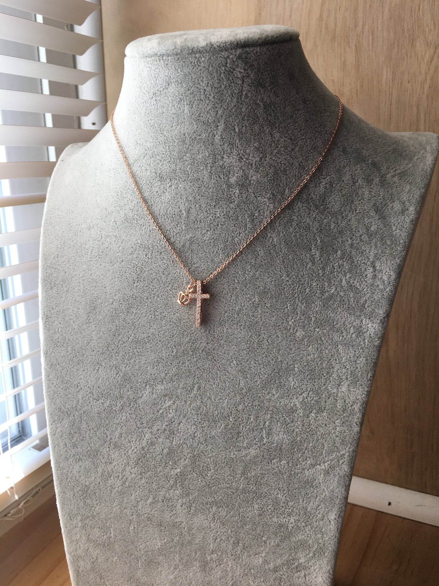 Shiny cross, crown rose gold tone necklace