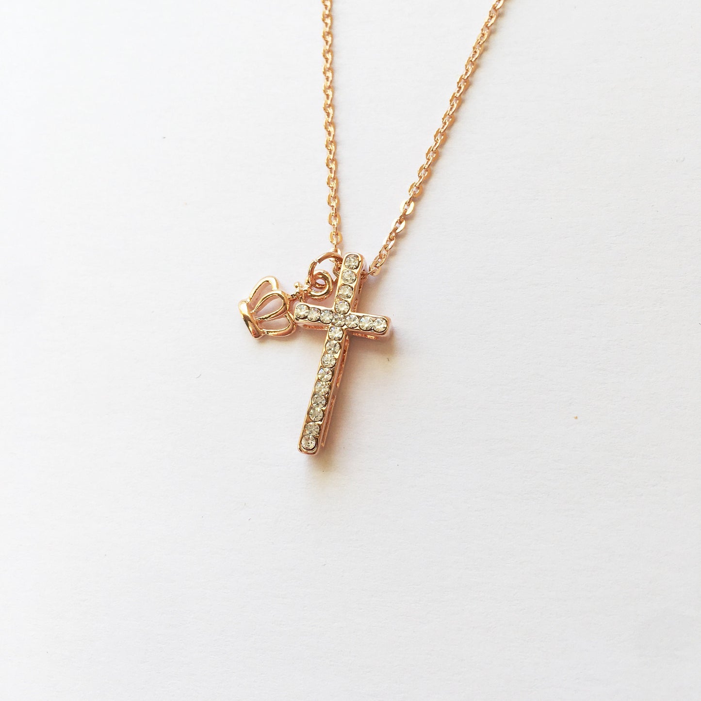 Shiny cross, crown rose gold tone necklace