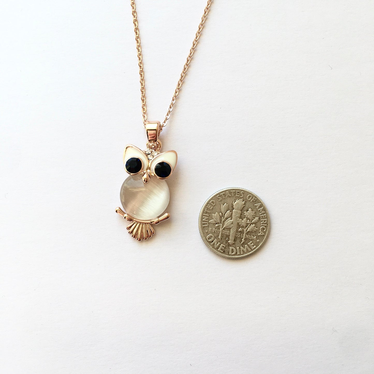 Rose Gold Plated Shiny Cat Eye Stone Owl Necklace, Gift for Girls