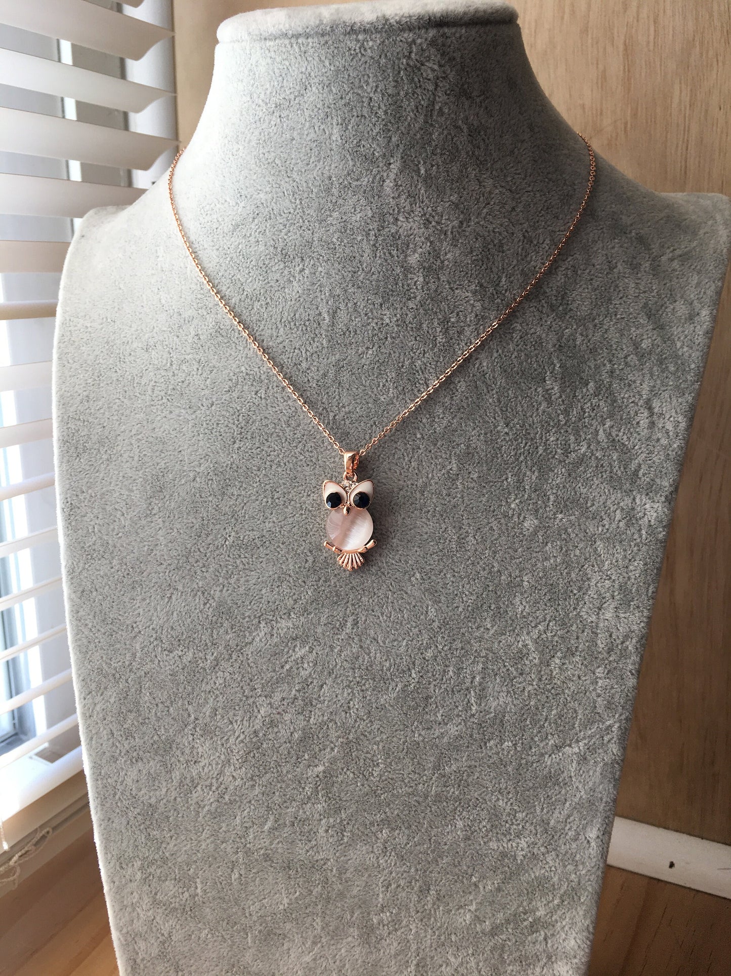 Rose Gold Plated Shiny Cat Eye Stone Owl Necklace, Gift for Girls