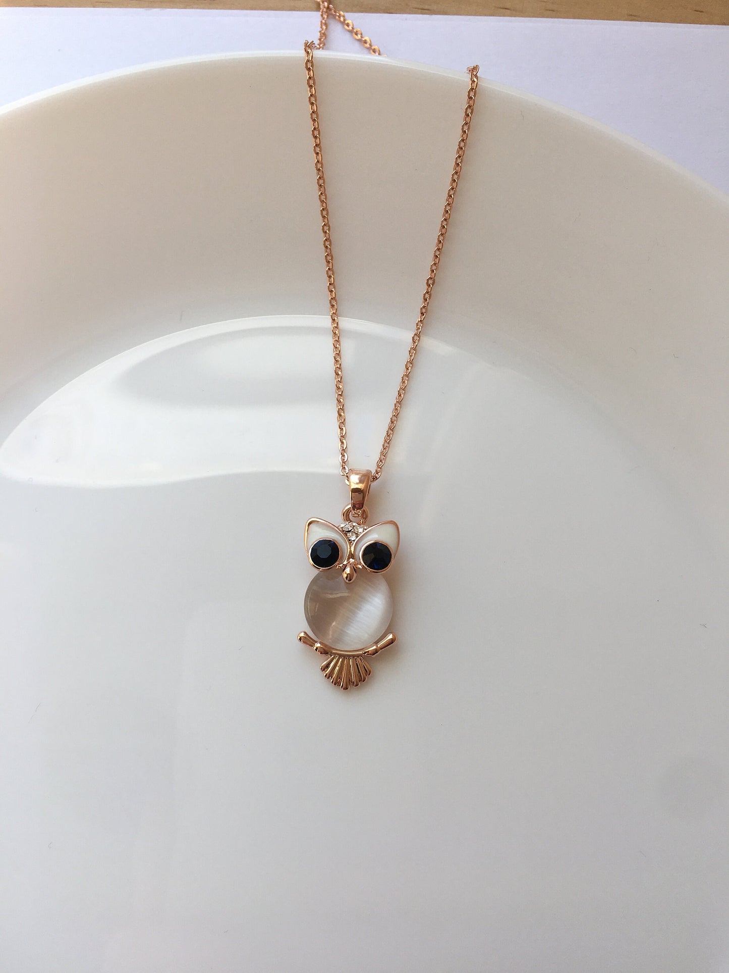 Rose Gold Plated Shiny Cat Eye Stone Owl Necklace, Gift for Girls
