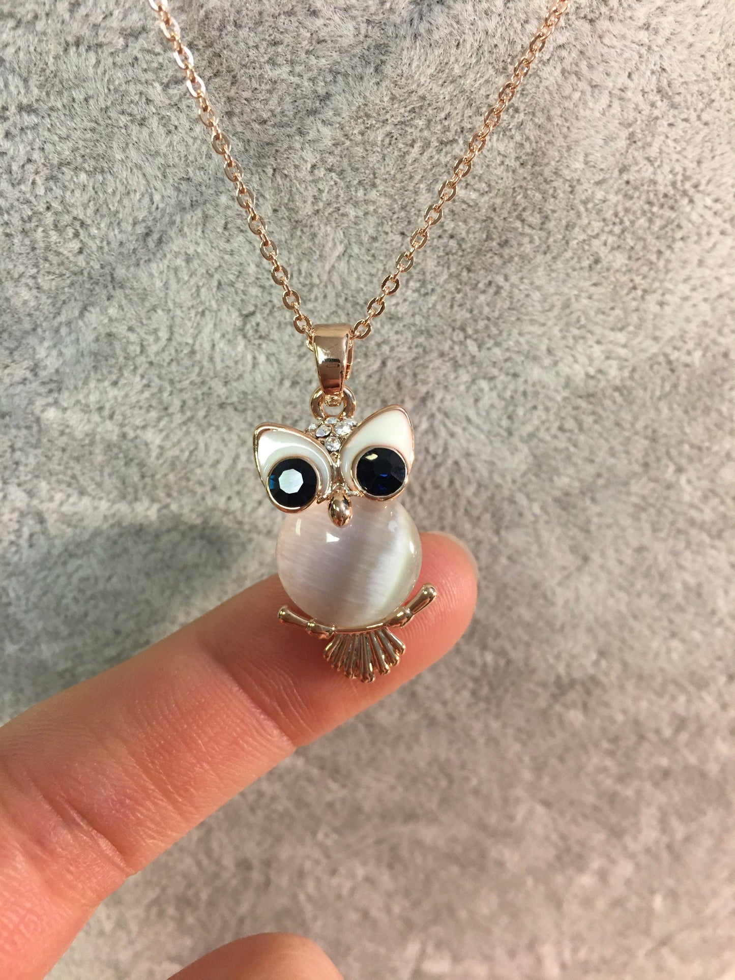 Rose Gold Plated Shiny Cat Eye Stone Owl Necklace, Gift for Girls