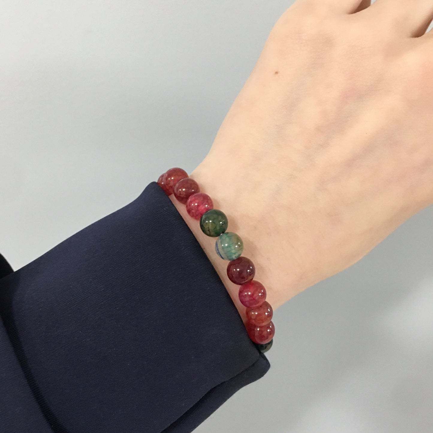 8mm Two Tone Red, Green Dragon Bone Stone Beaded Bracelet, Lucky Gift