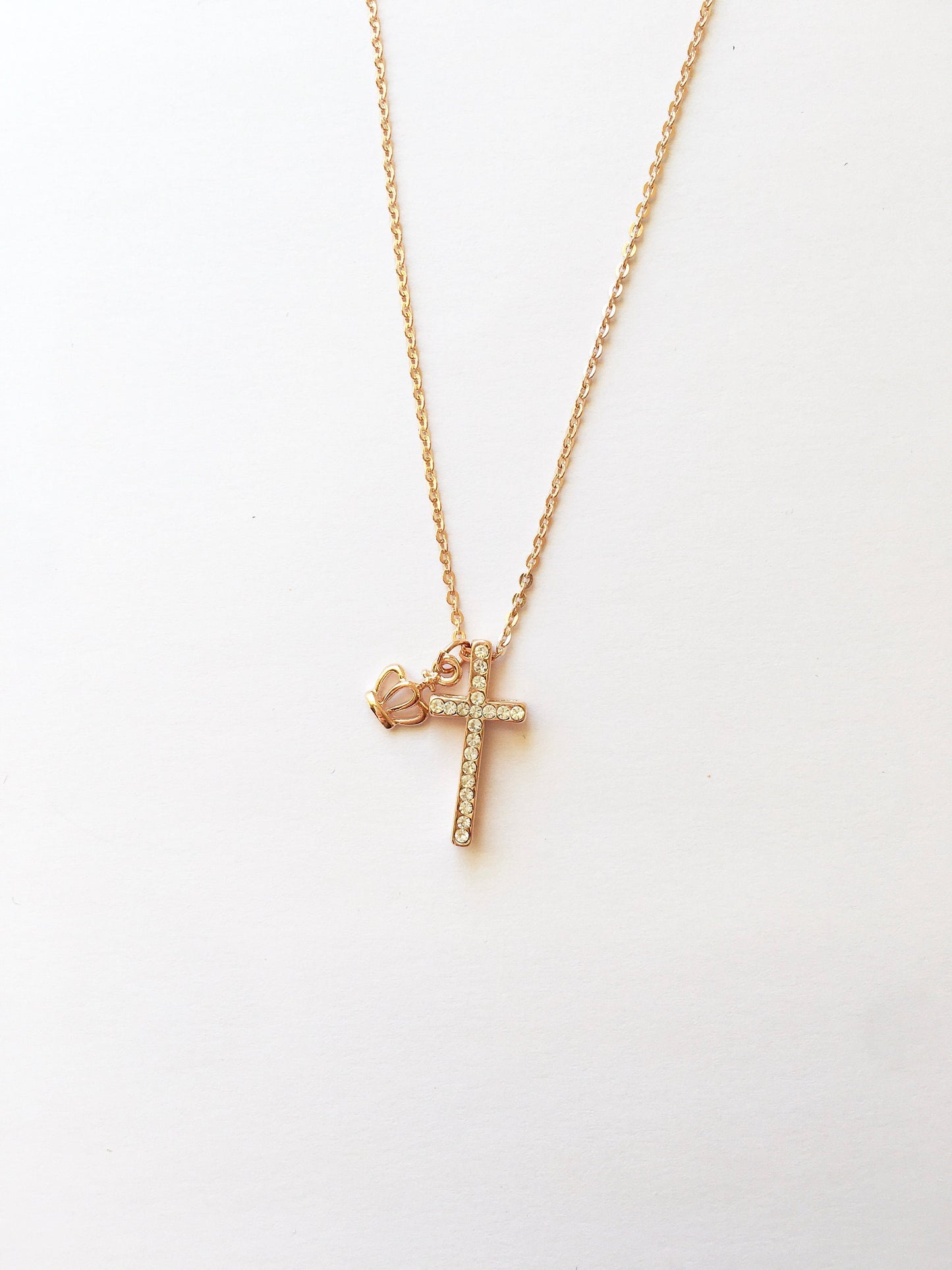 Shiny cross, crown rose gold tone necklace