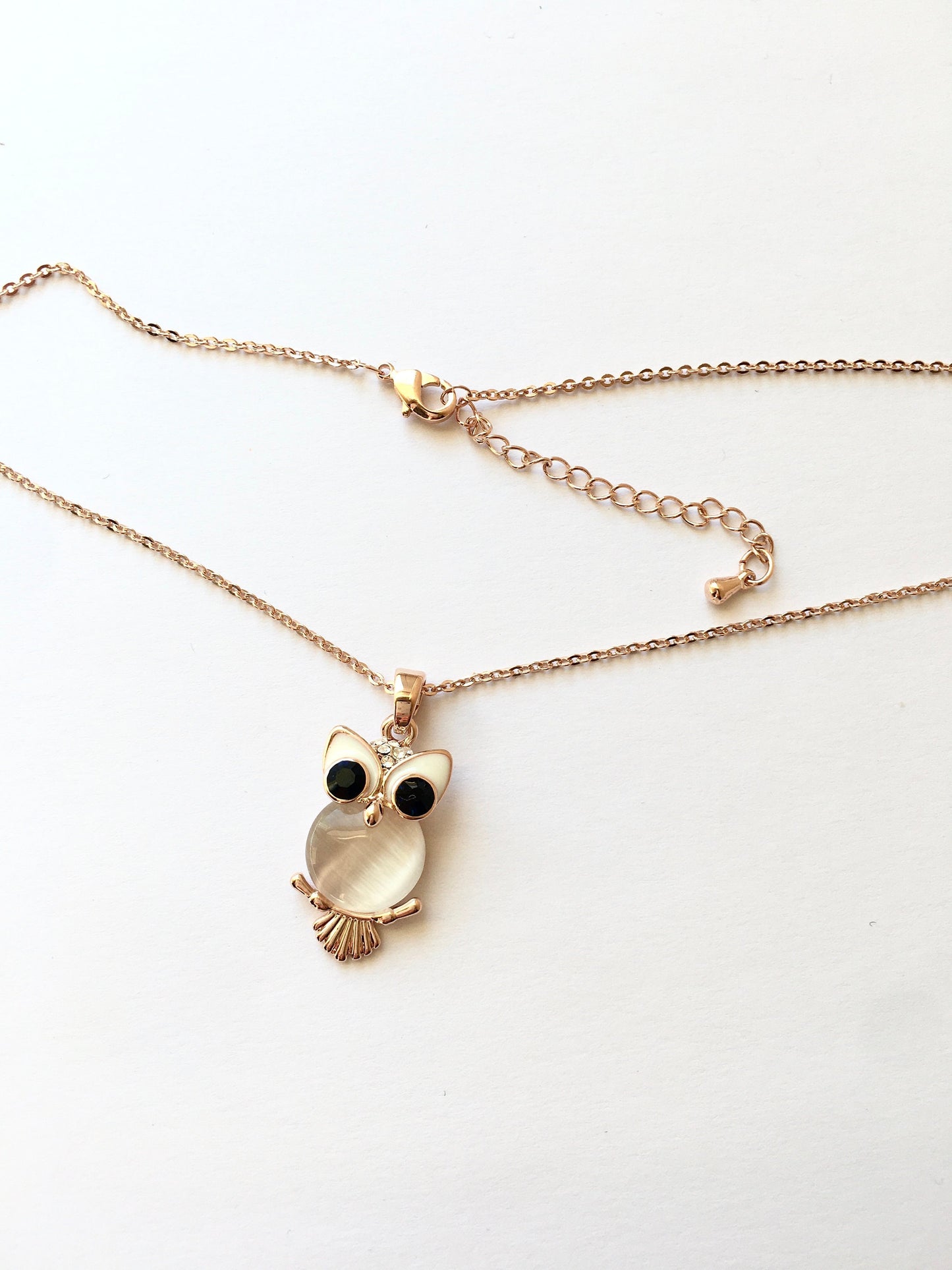 Rose Gold Plated Shiny Cat Eye Stone Owl Necklace, Gift for Girls
