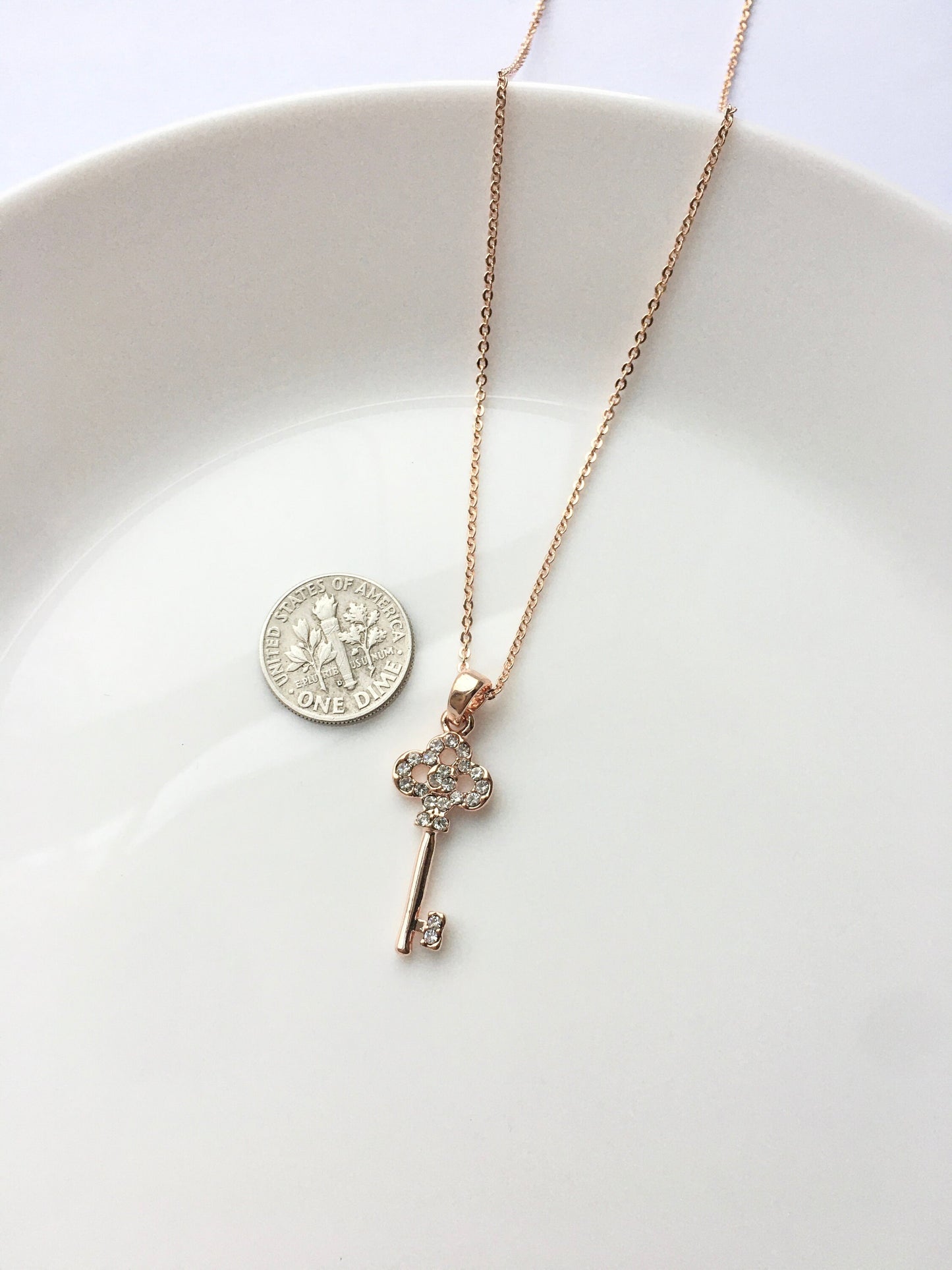 Rose gold Plated cute Key Charm Necklaces Cubic Zirconia Pendant for Women Her Teen Girls Birthday