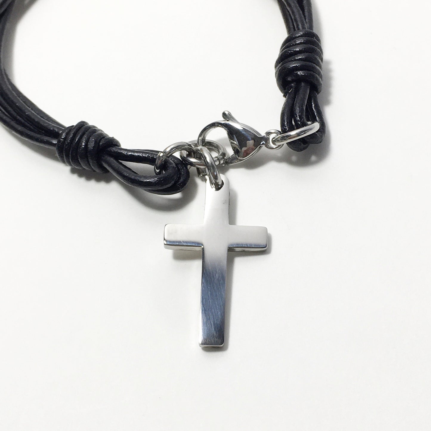 Black Leather Stainless Steel Cross Bracelet For women, For men