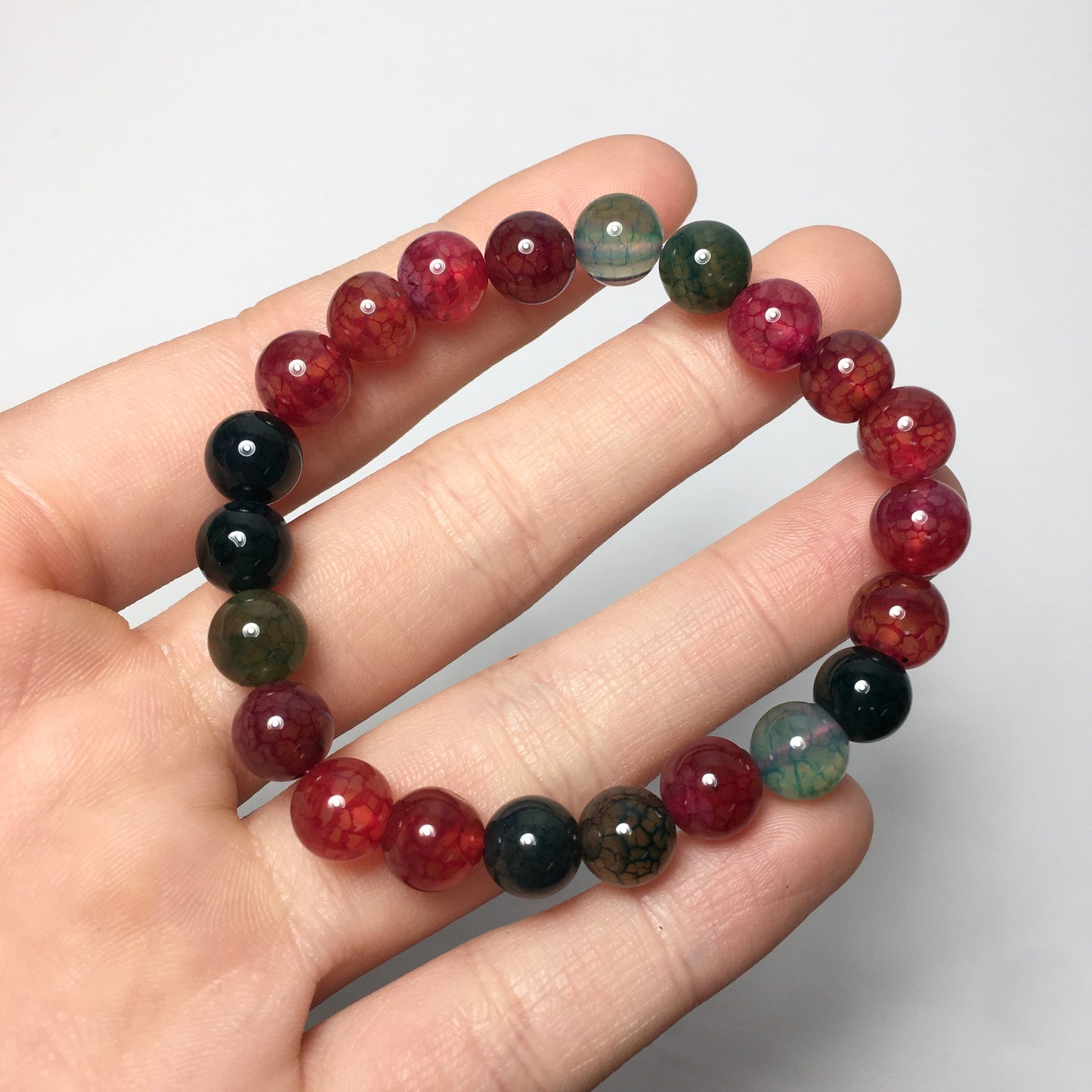 8mm Two Tone Red, Green Dragon Bone Stone Beaded Bracelet, Lucky Gift