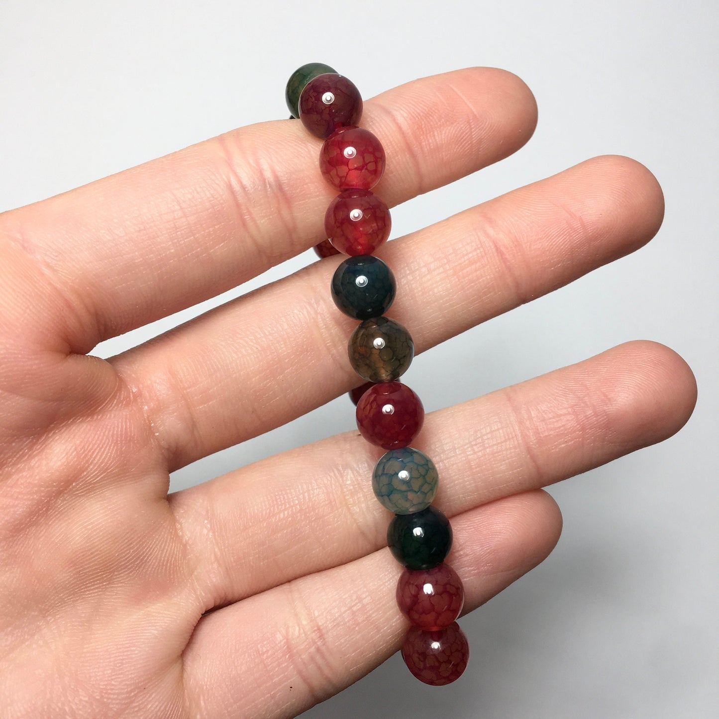 8mm Two Tone Red, Green Dragon Bone Stone Beaded Bracelet, Lucky Gift
