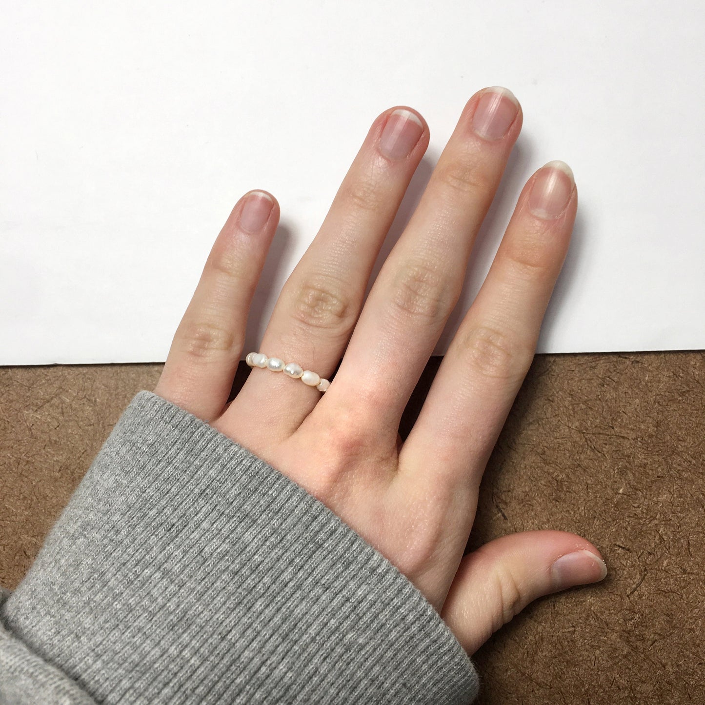 White Freshwater Pearl beaded ring, stackable ring