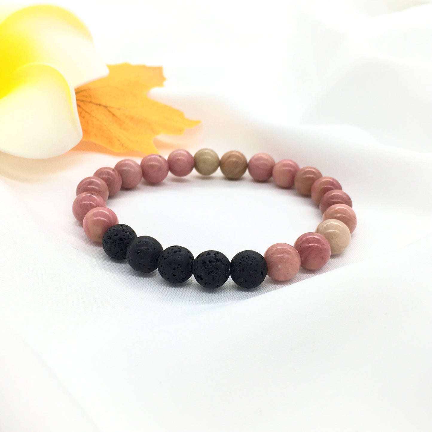 Rhodonite and Lava stone Beaded Elastic Bracelet, 8mm gemstone beaded
