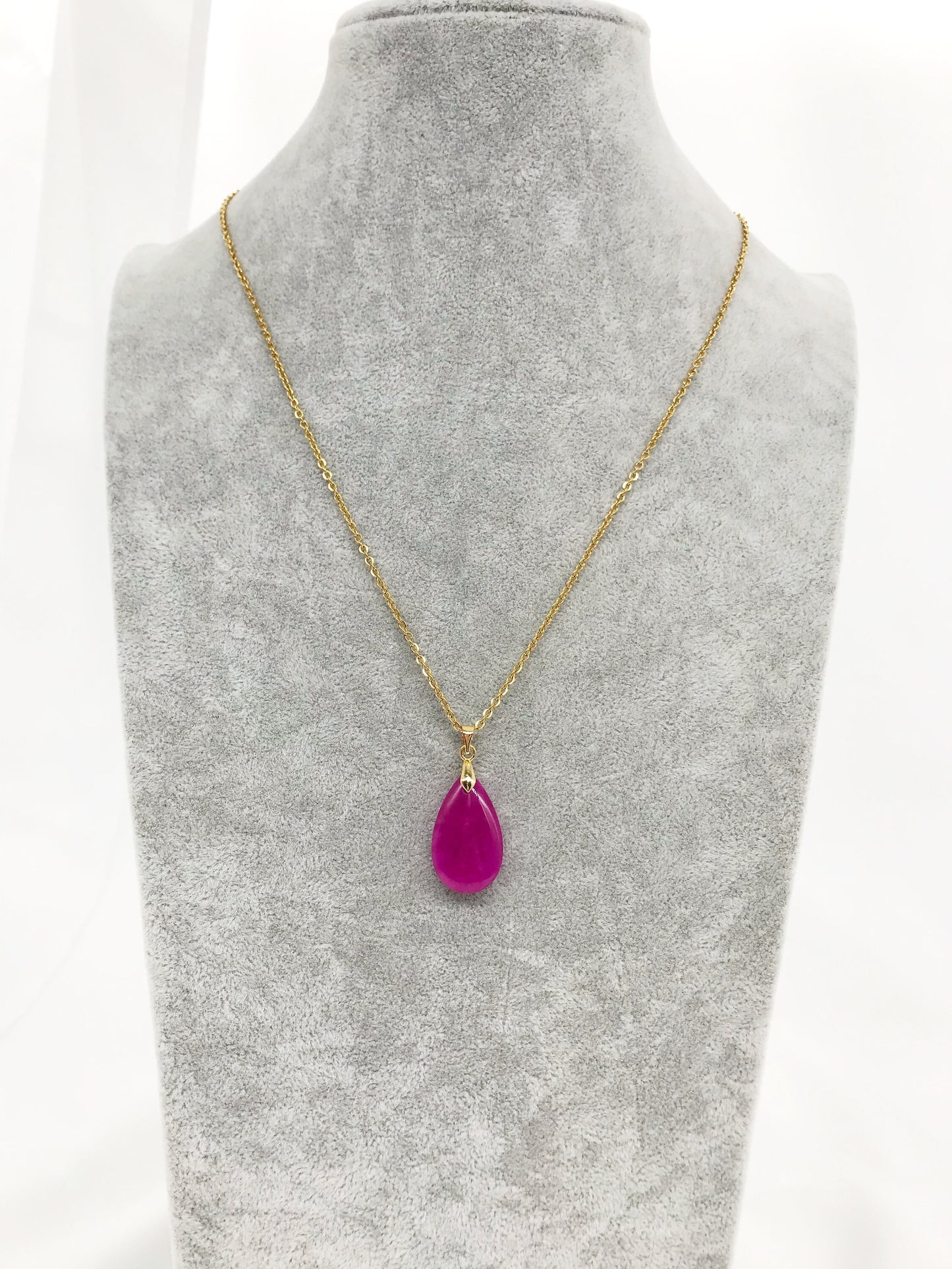 Genuine Pink Jade Teardrop Pendant Necklace, Gold Plated