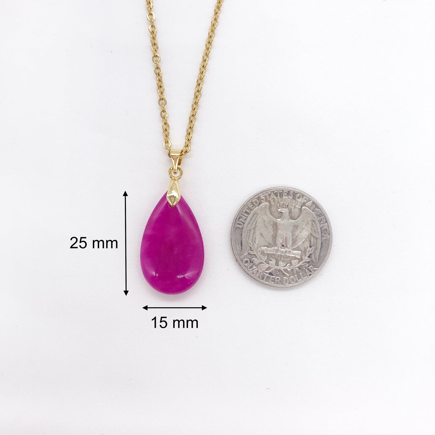 Genuine Pink Jade Teardrop Pendant Necklace, Gold Plated