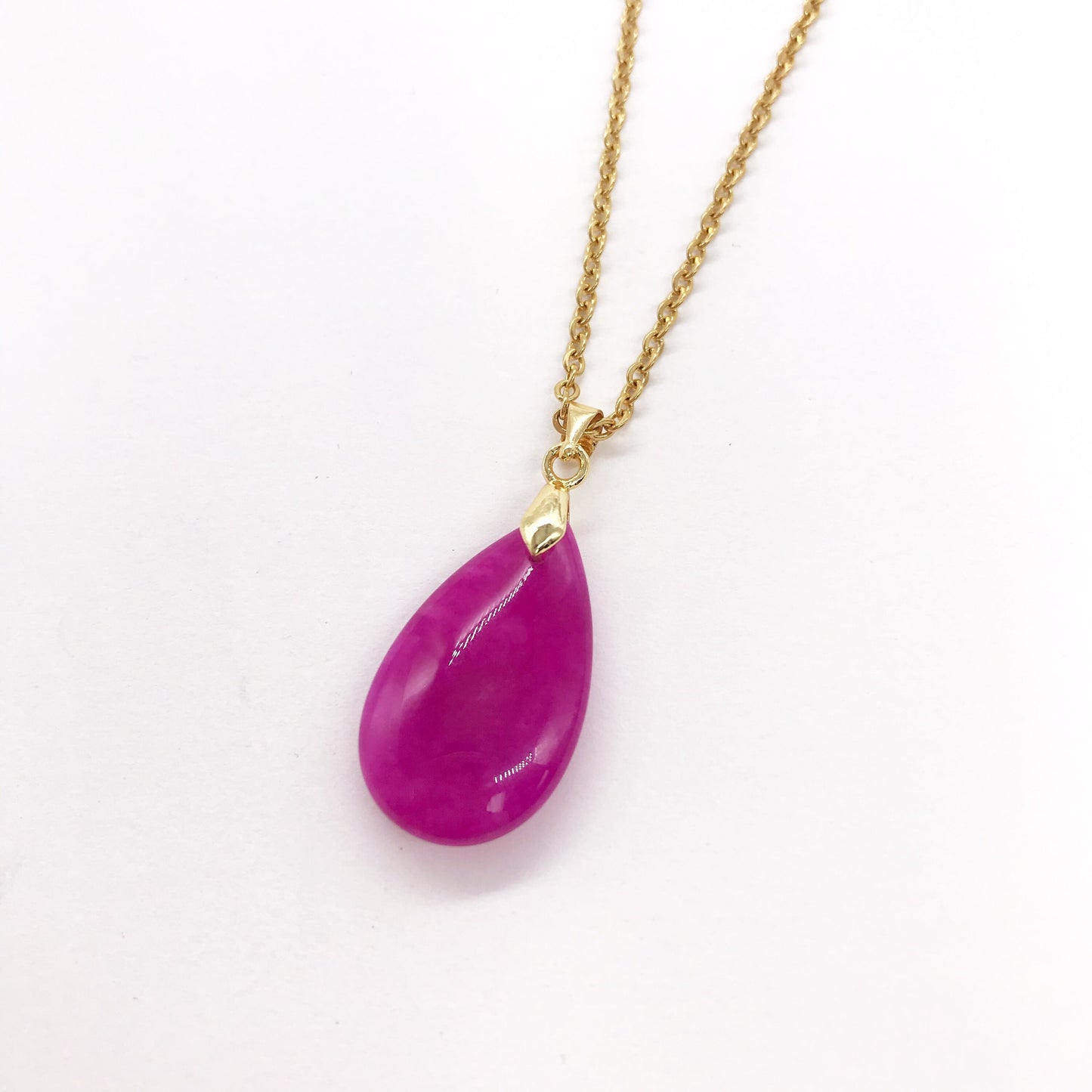 Genuine Pink Jade Teardrop Pendant Necklace, Gold Plated