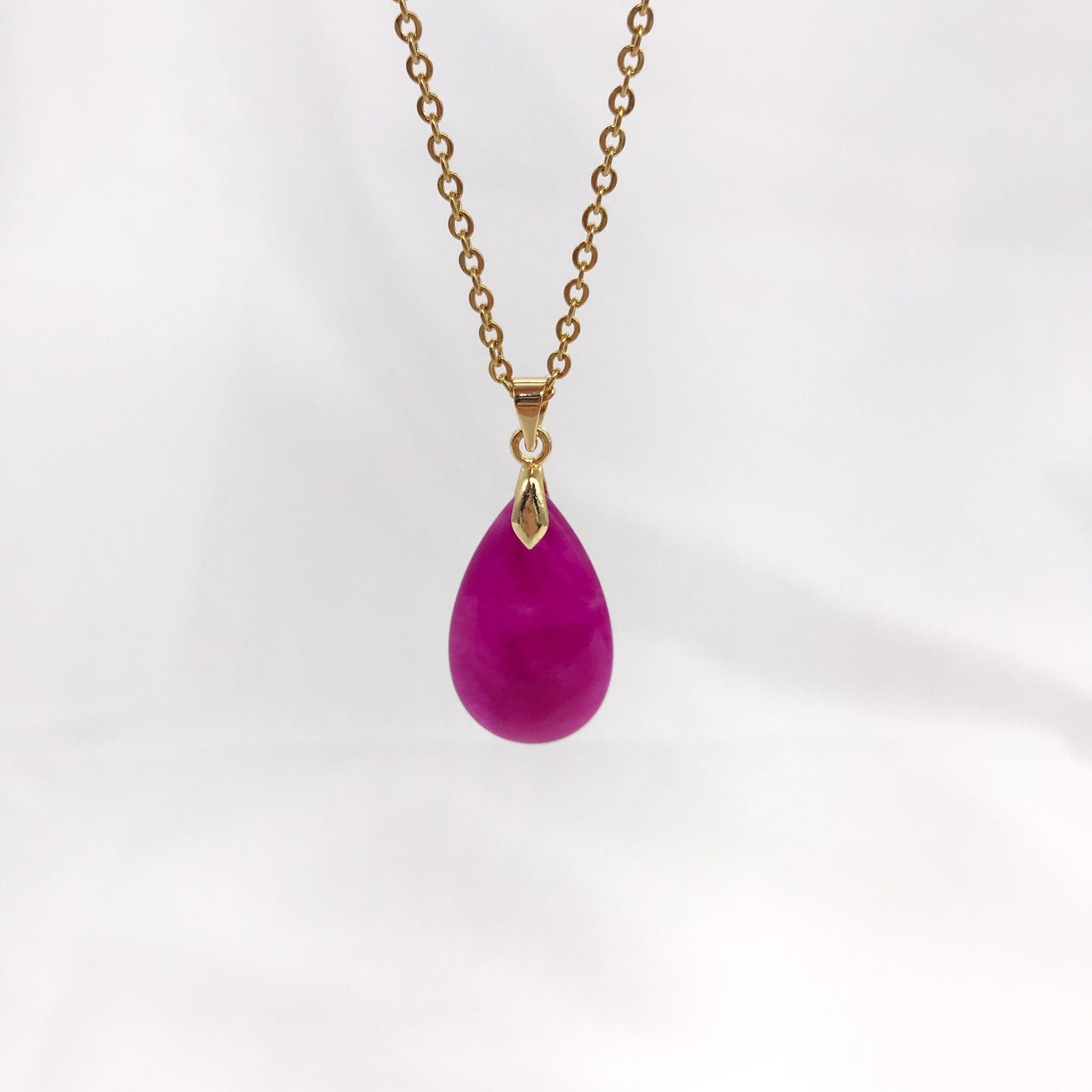 Genuine Pink Jade Teardrop Pendant Necklace, Gold Plated