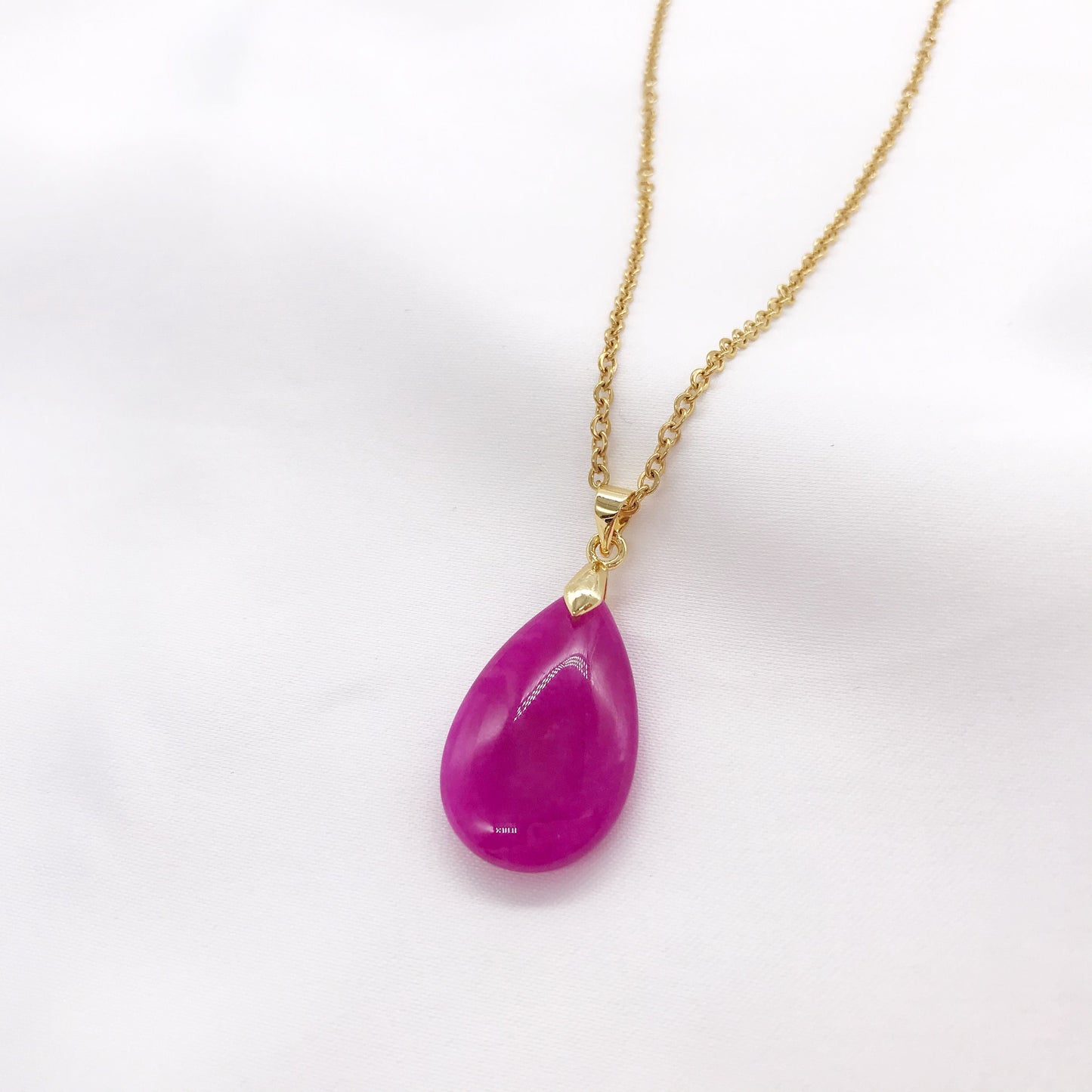 Genuine Pink Jade Teardrop Pendant Necklace, Gold Plated