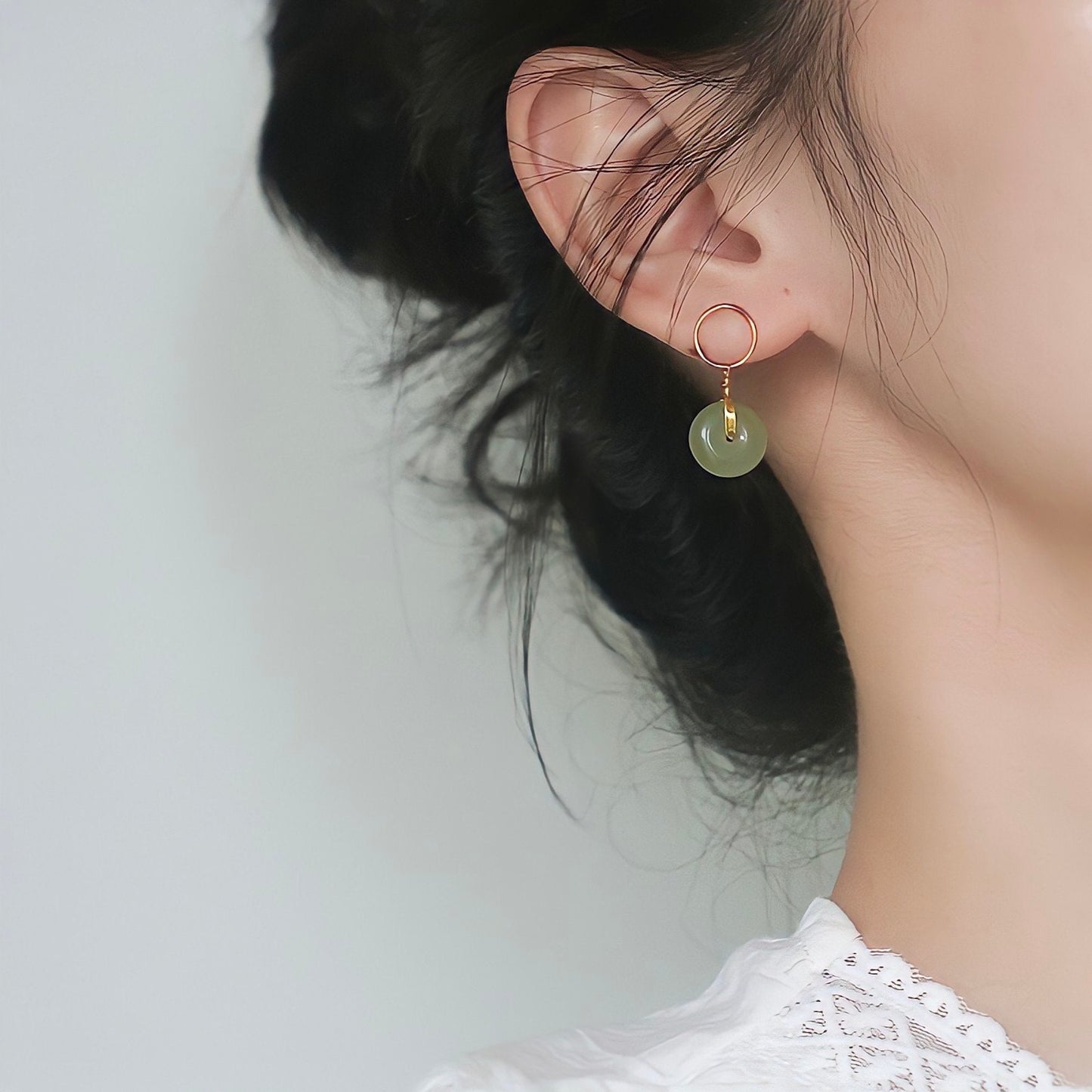 Natural Hetian Jade Donuts Pendant Drop stud Earrings, Minimalist Earrings, Good Luck Gift