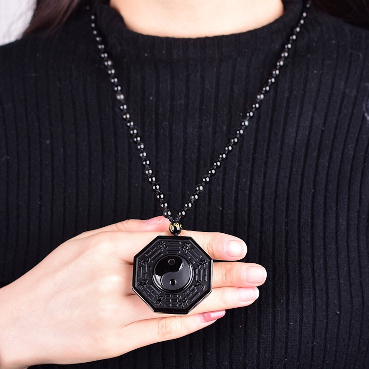 Natural Black Obsidian Carved Tai Chi Amulet Pendant Necklace, Consecrate pendant, Lucky Gift