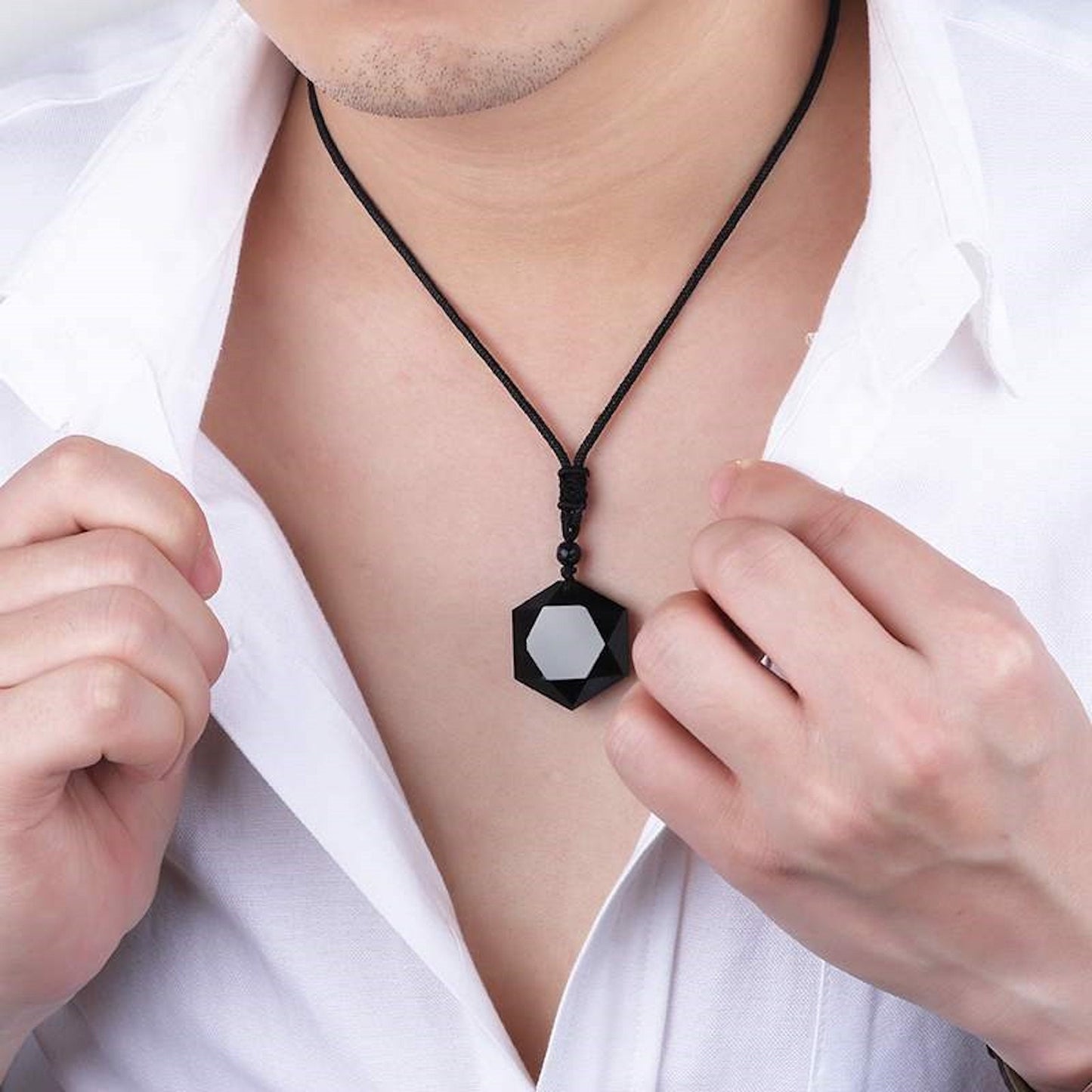 Natural Black Obsidian Hexagram Pendant Necklace, Healing Natural Stone Lucky Gift