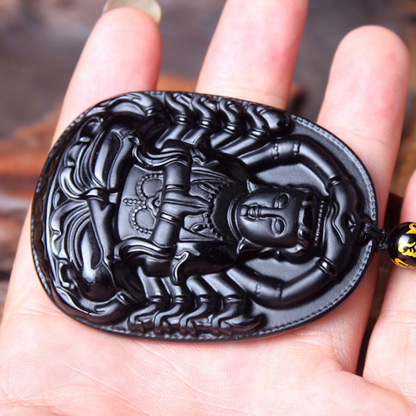Natural Black Obsidian Thousand-Hand Guanyin Buddha Amulet Pendant Necklace, Lucky Gift