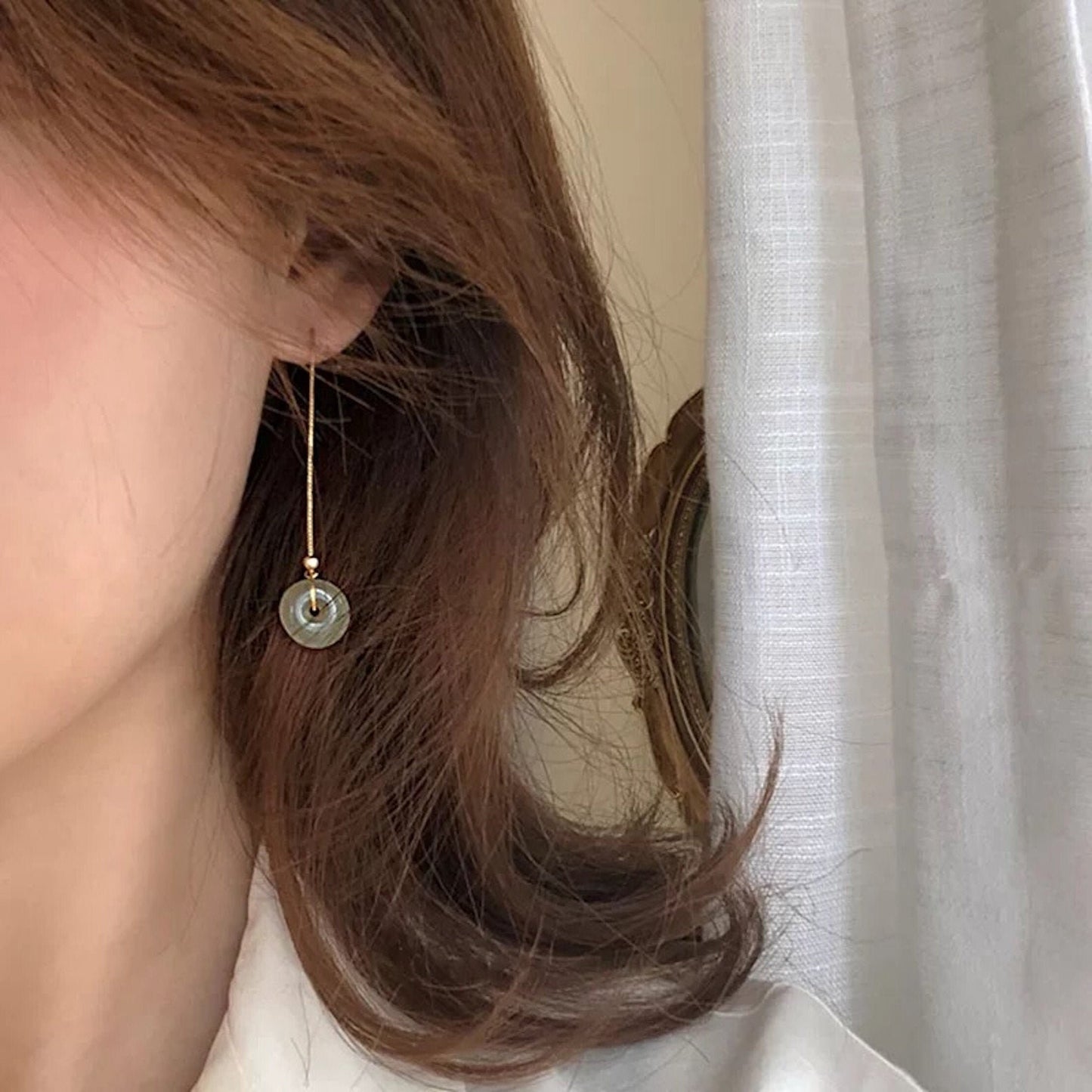 Gold Plated Hetian Jade Donuts Pendant Earrings, Minimalist Circle Jade Drop Earrings, Lucky Gift