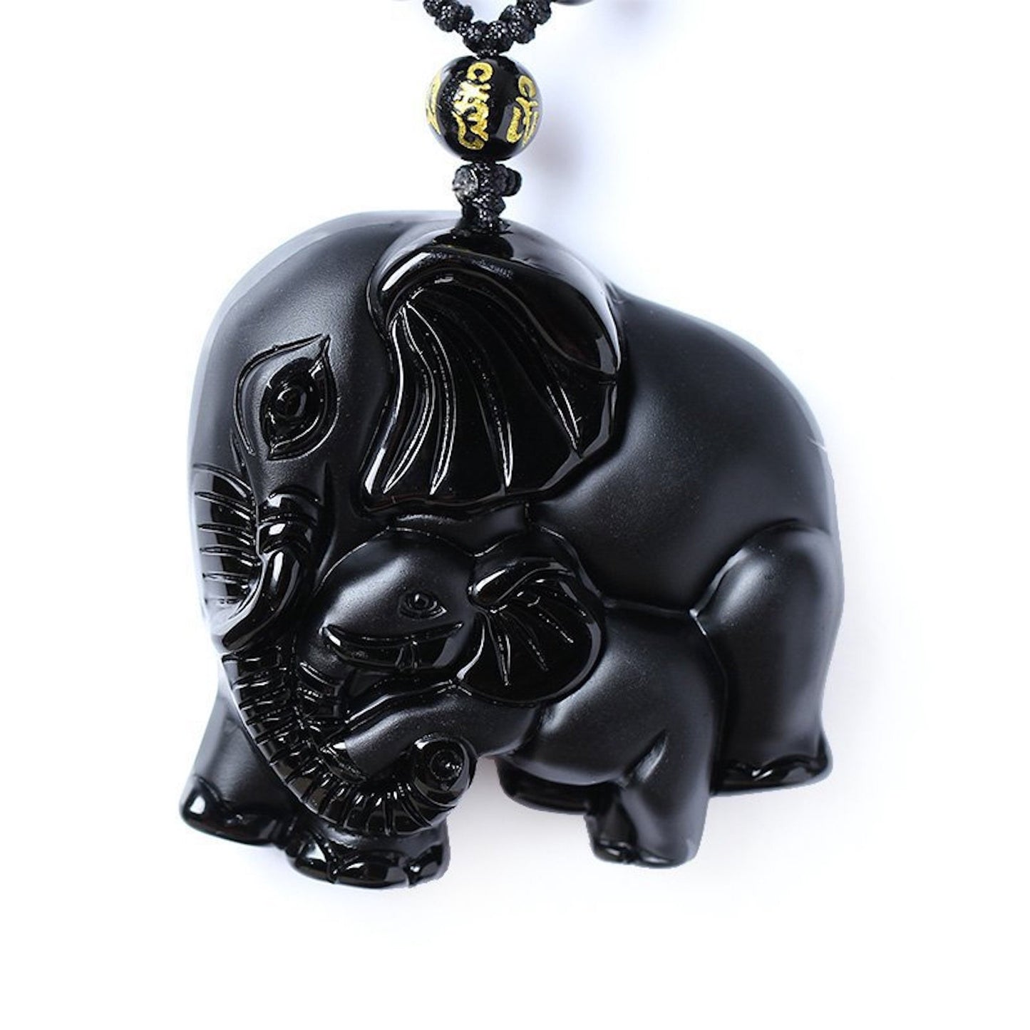 Natural Black Obsidian Carved Elephant Amulet Pendant Necklace, Mother and Baby Elephant Consecrate pendant, Lucky Gift