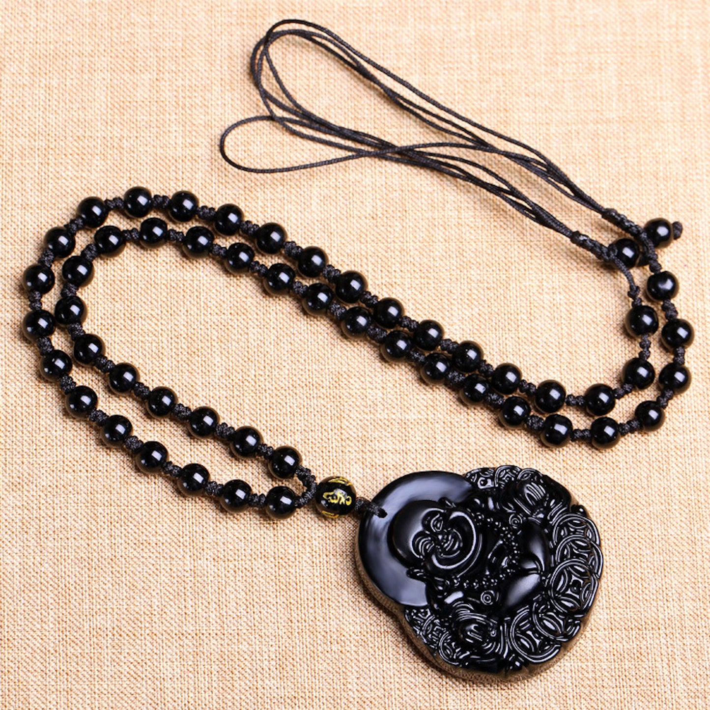 Natural Black Obsidian Carved Laughing Buddha Amulet Pendant Necklace, Buddhism Consecrate Pendant, Lucky Gift