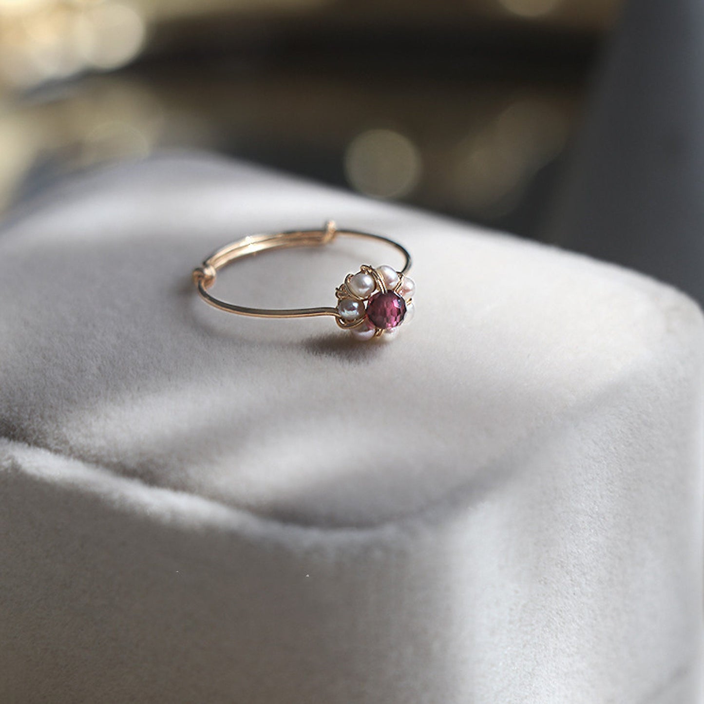 Gold Plated Pearls Garnet Flower Design Stacking Ring
