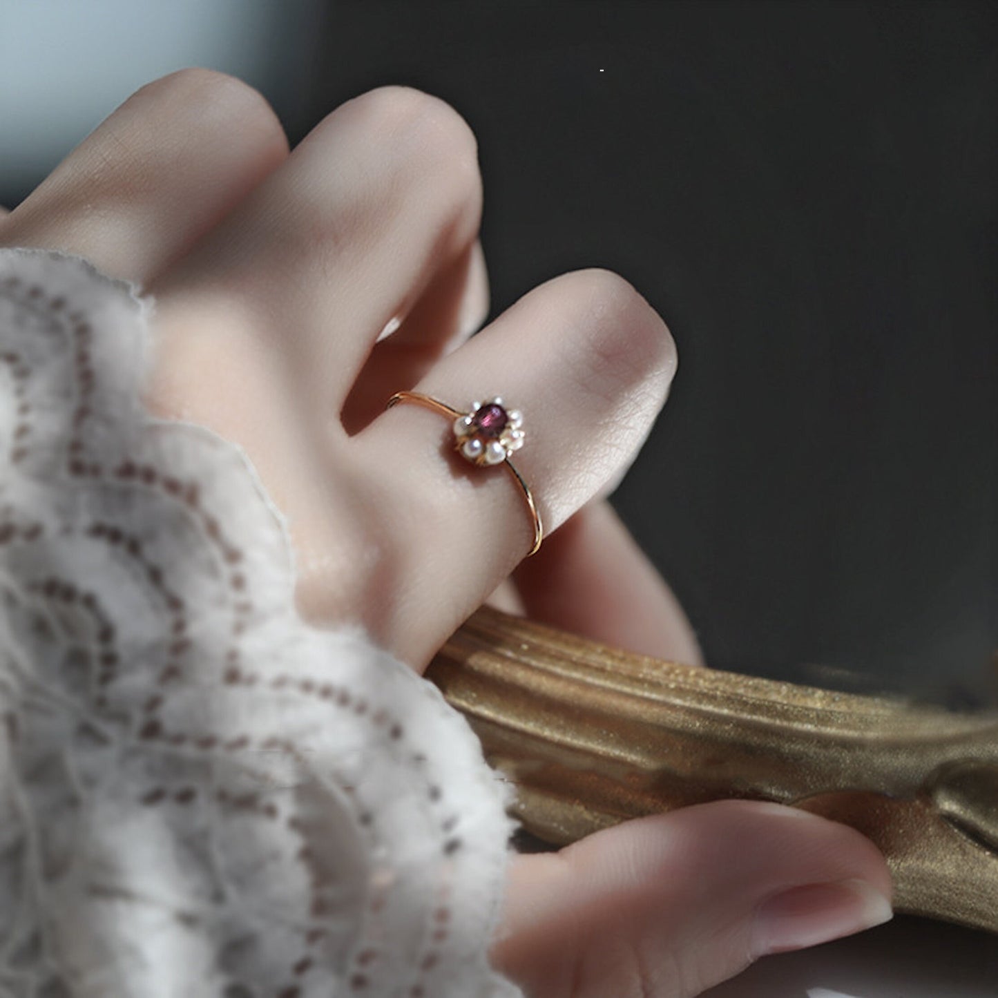 Gold Plated Pearls Garnet Flower Design Stacking Ring