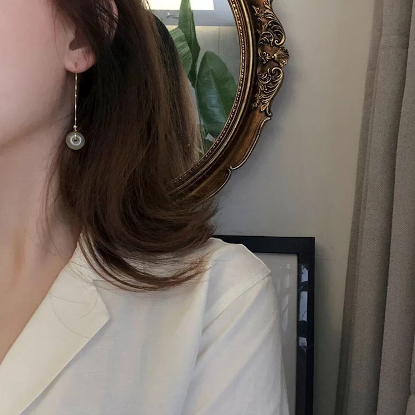 Gold Plated Hetian Jade Donuts Pendant Earrings, Minimalist Circle Jade Drop Earrings, Lucky Gift