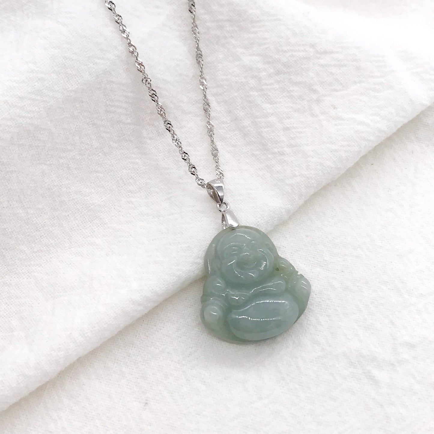 925 Sterling Silver Natural Jade Laughing Buddha Pendant Necklace