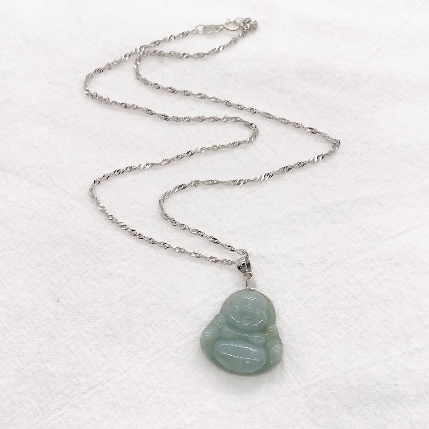 925 Sterling Silver Natural Jade Laughing Buddha Pendant Necklace