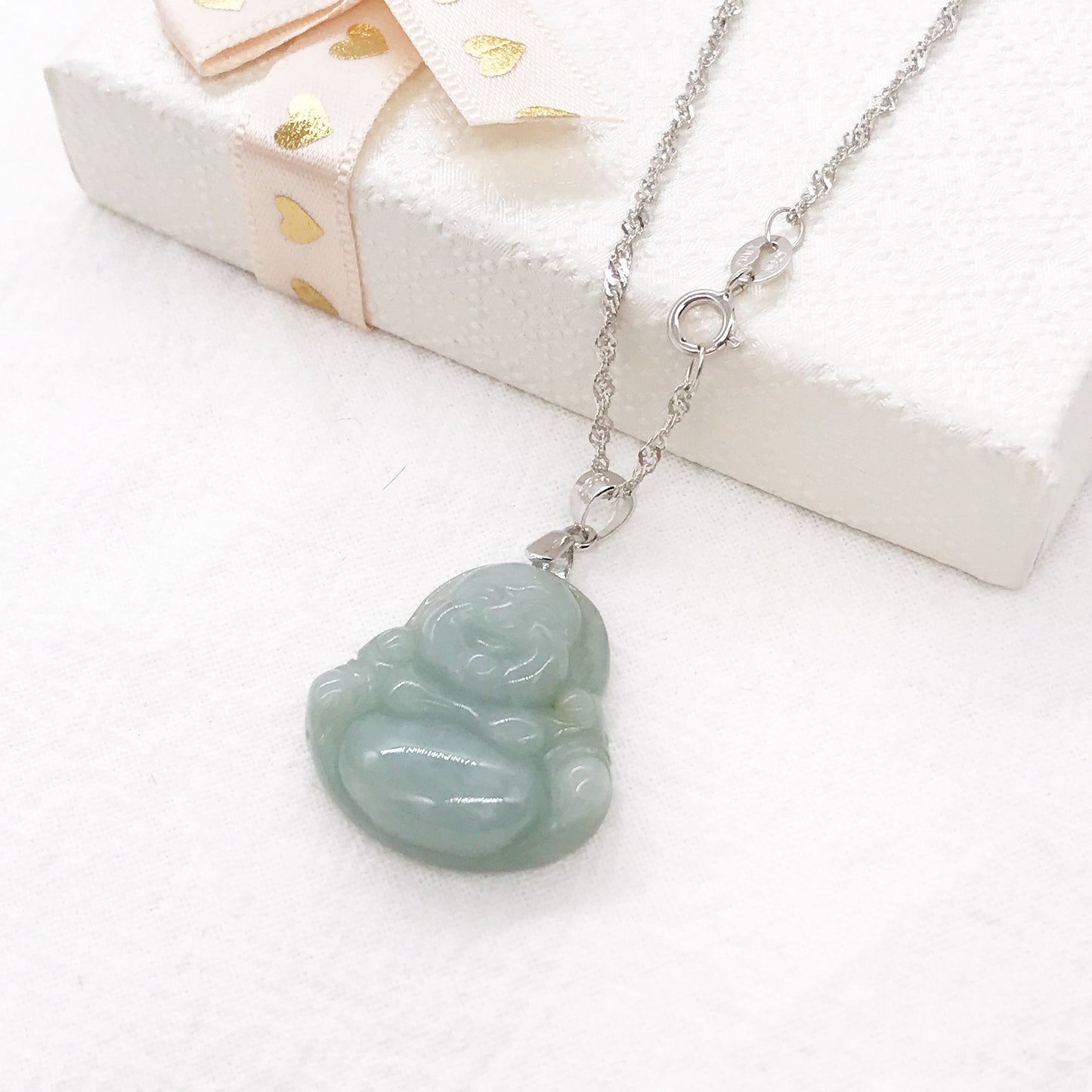 925 Sterling Silver Natural Jade Laughing Buddha Pendant Necklace