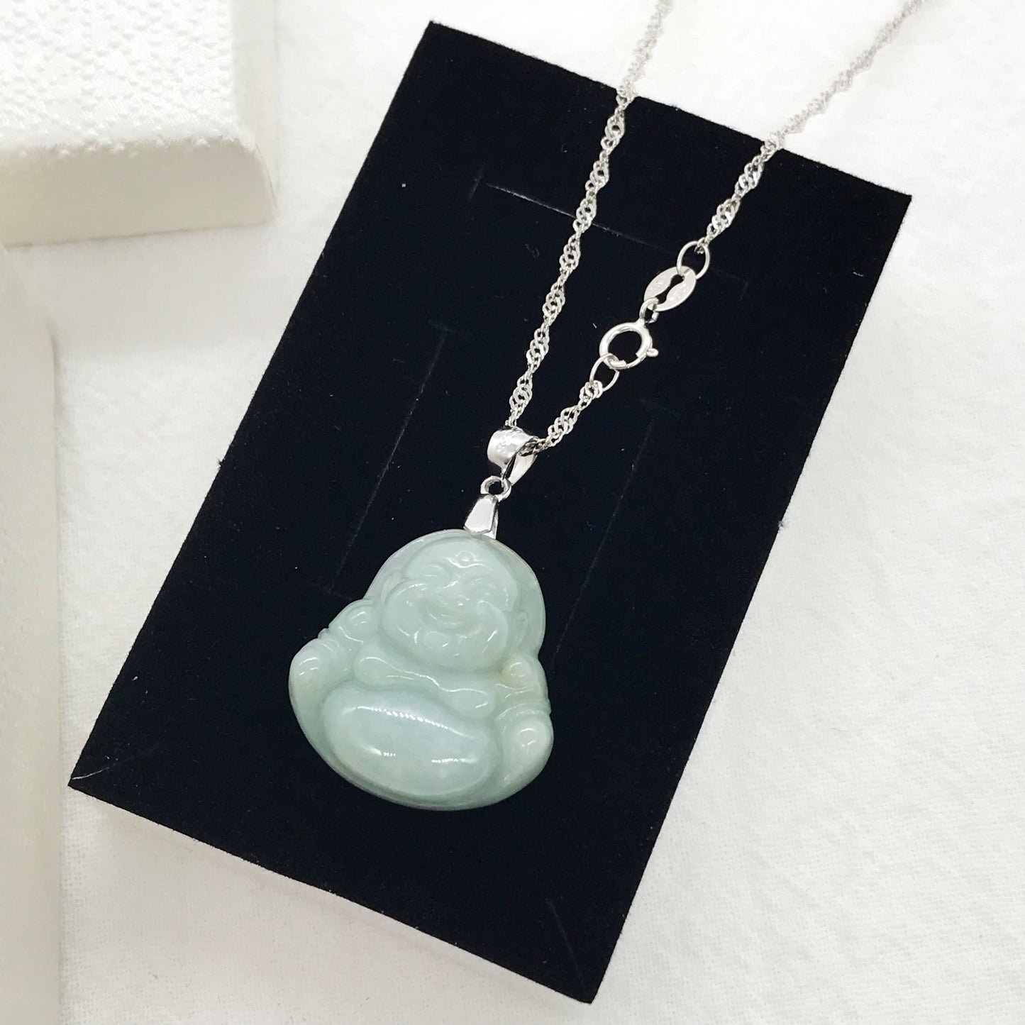 925 Sterling Silver Natural Jade Laughing Buddha Pendant Necklace