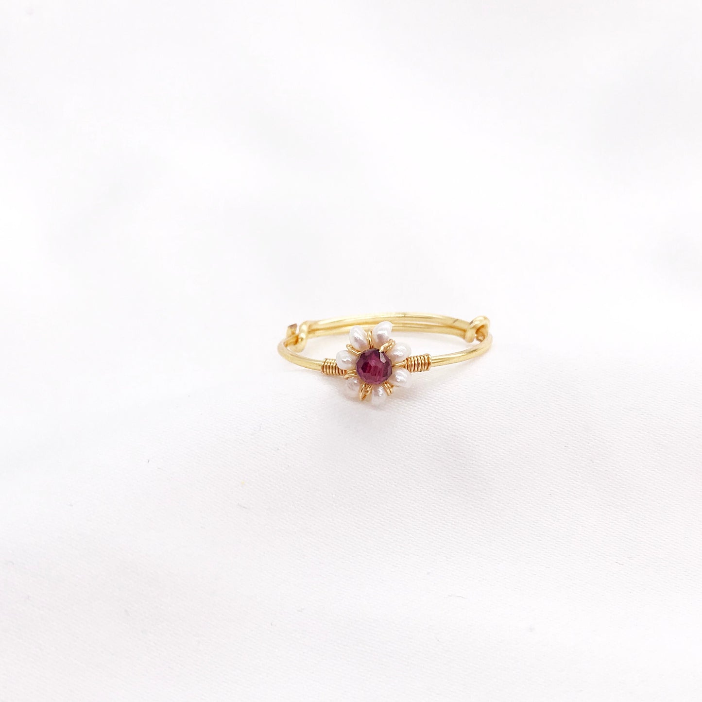 Gold Plated Pearls Garnet Flower Design Stacking Ring