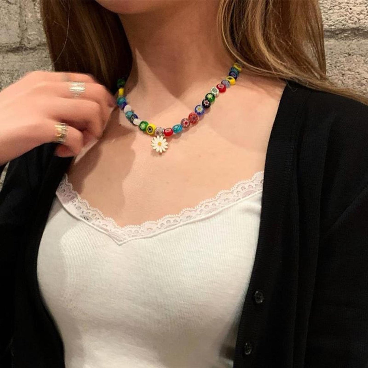Flower Shape Pendant Colorful Beaded Choker Necklace