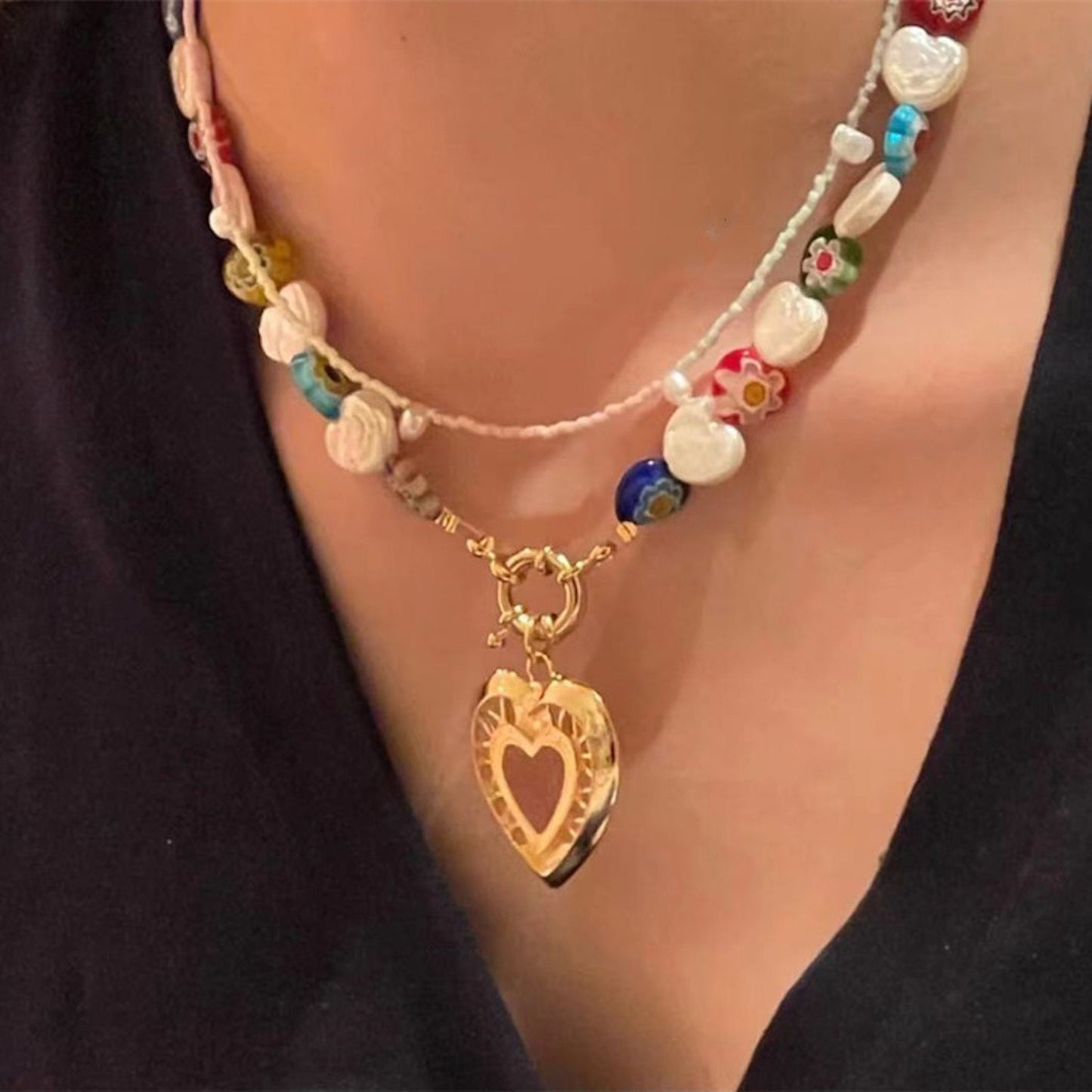 Heart shape pendant pearls shell colorful flower beaded necklace