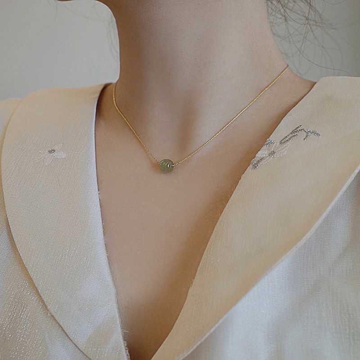 Genuine Aventurine Jade Bead Necklace, Gold Plated Chain