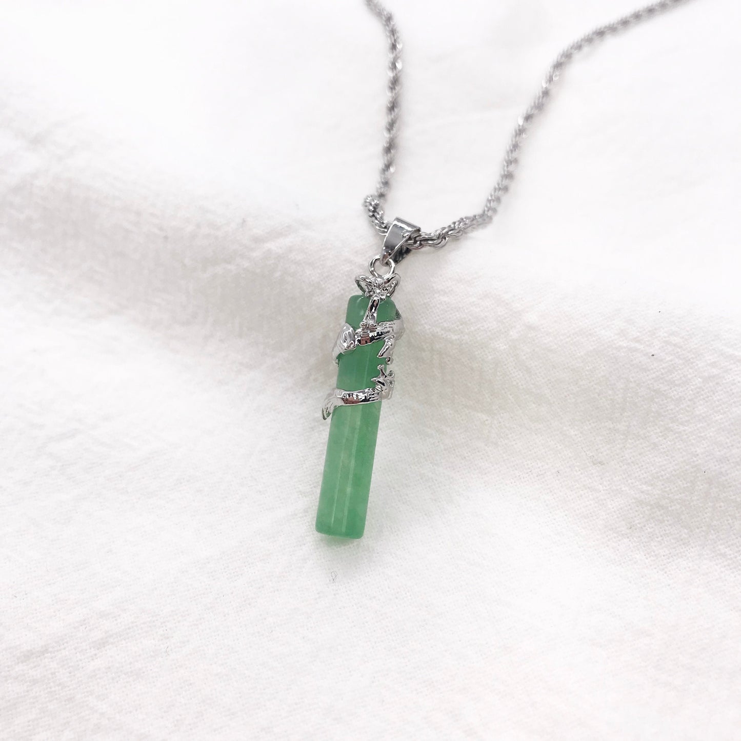 Silver Tone Pea Green Jade Dragon Pendant Necklace, Stainless Steel Rope Chain