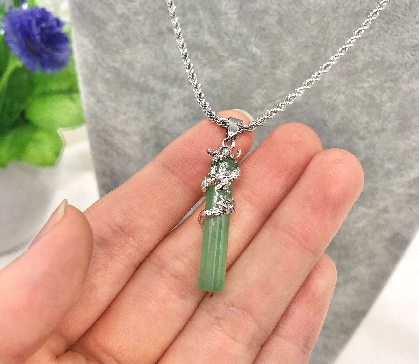 Silver Tone Pea Green Jade Dragon Pendant Necklace, Stainless Steel Rope Chain