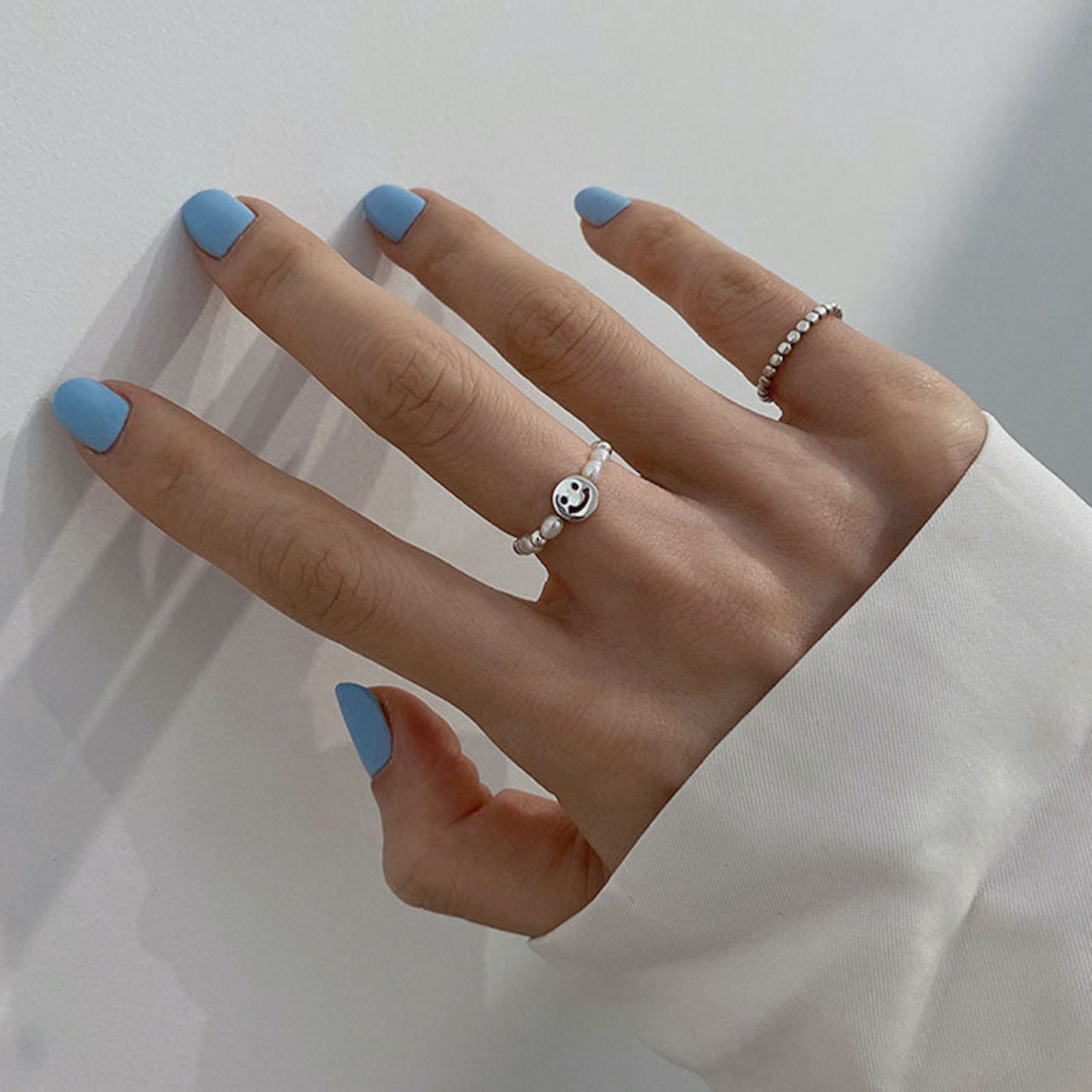 925 Sterling Silver Smiley Face Pearl Beaded Rings, Lucky Happy Face Ring