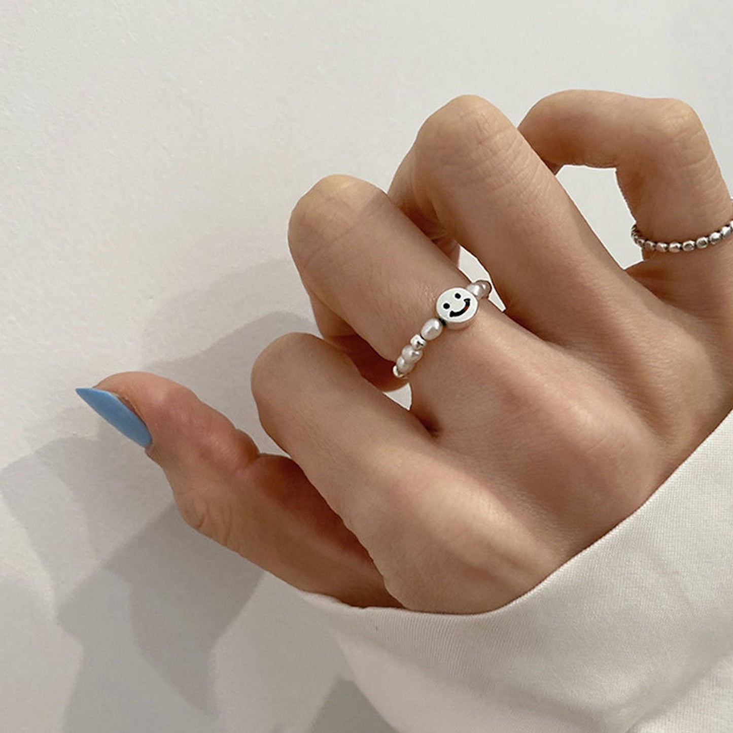 925 Sterling Silver Smiley Face Pearl Beaded Rings, Lucky Happy Face Ring