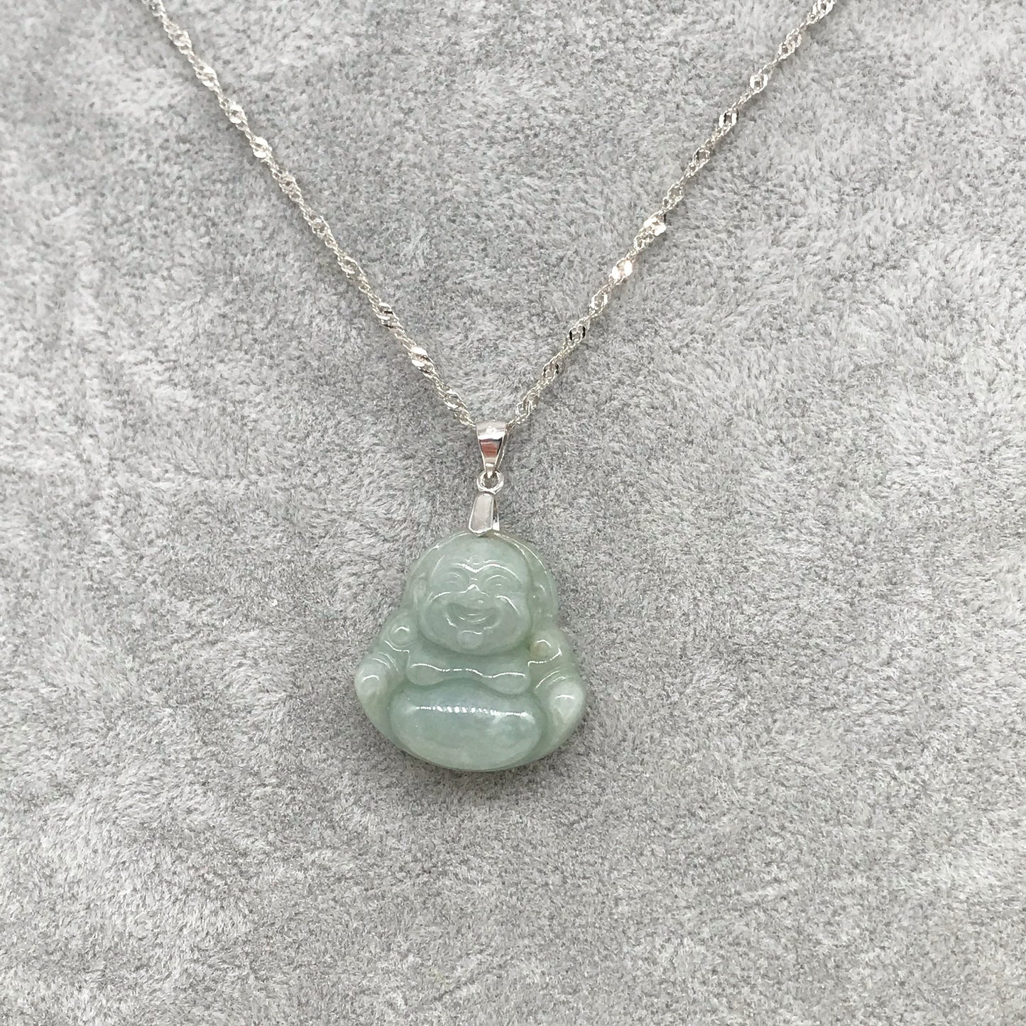 925 Sterling Silver Natural Jade Laughing Buddha Pendant Necklace