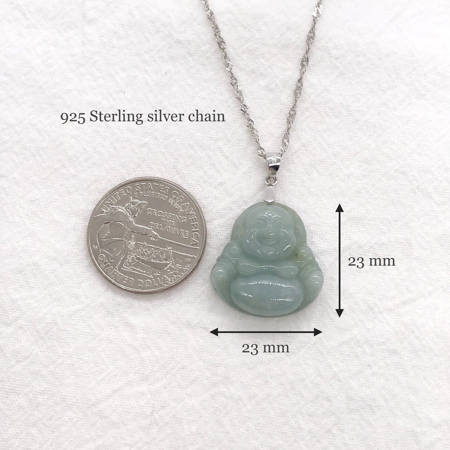 925 Sterling Silver Natural Jade Laughing Buddha Pendant Necklace